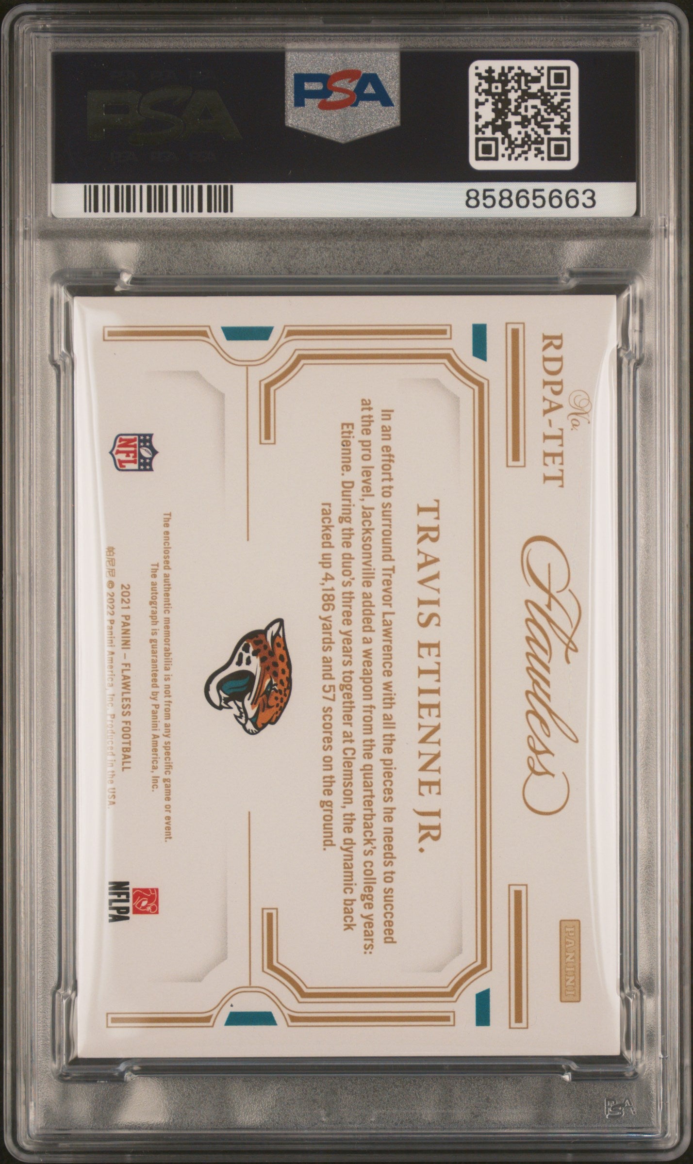 2021 Panini Flawless Rookie Dual Patch Autograph Travis Etienne JR PSA 9 Auto 10