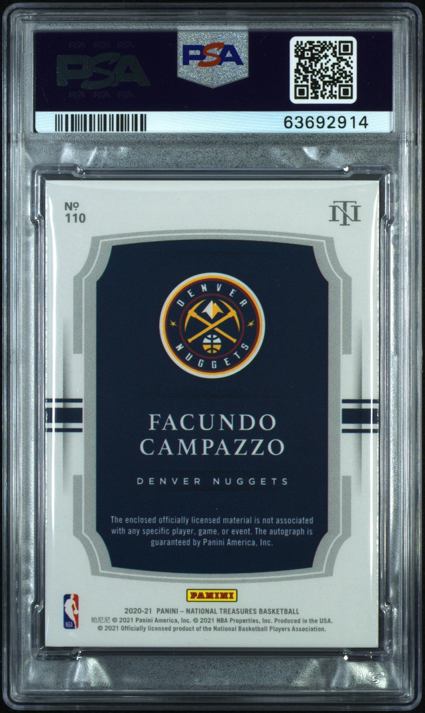 2020 National Treasures Facundo Campazzo #110 Patch Auto Gold Fotl PSA 9