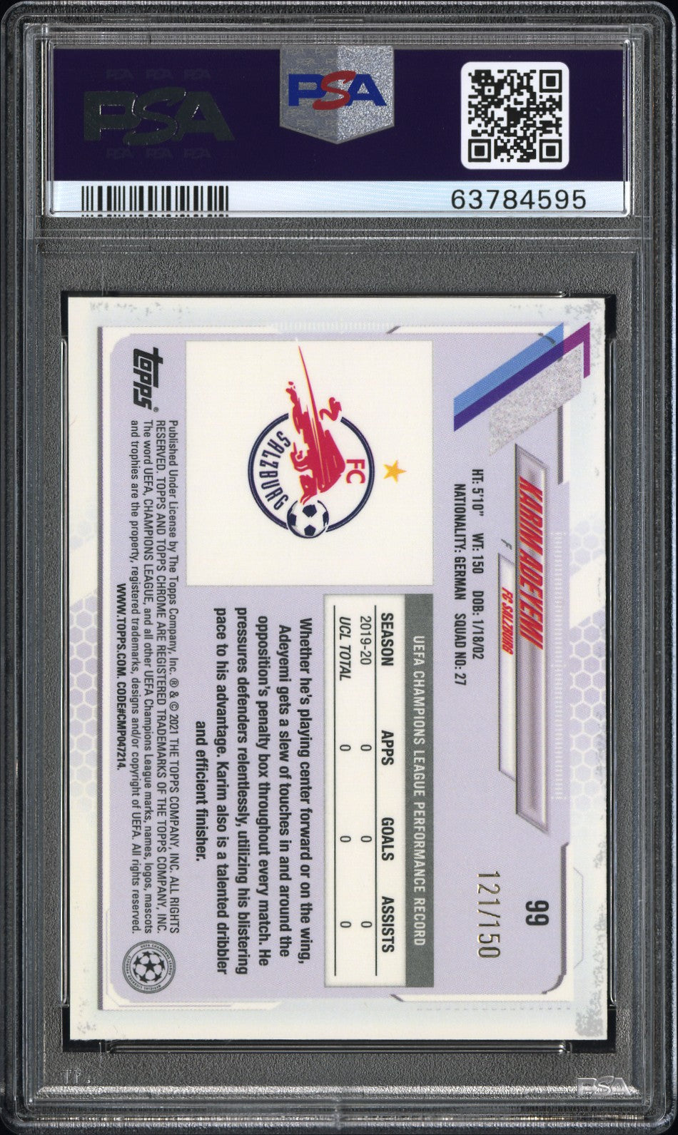 2020 Topps Chrome UEFA Sapphire Edition Karim Adeyemi #99 Aqua PSA 10