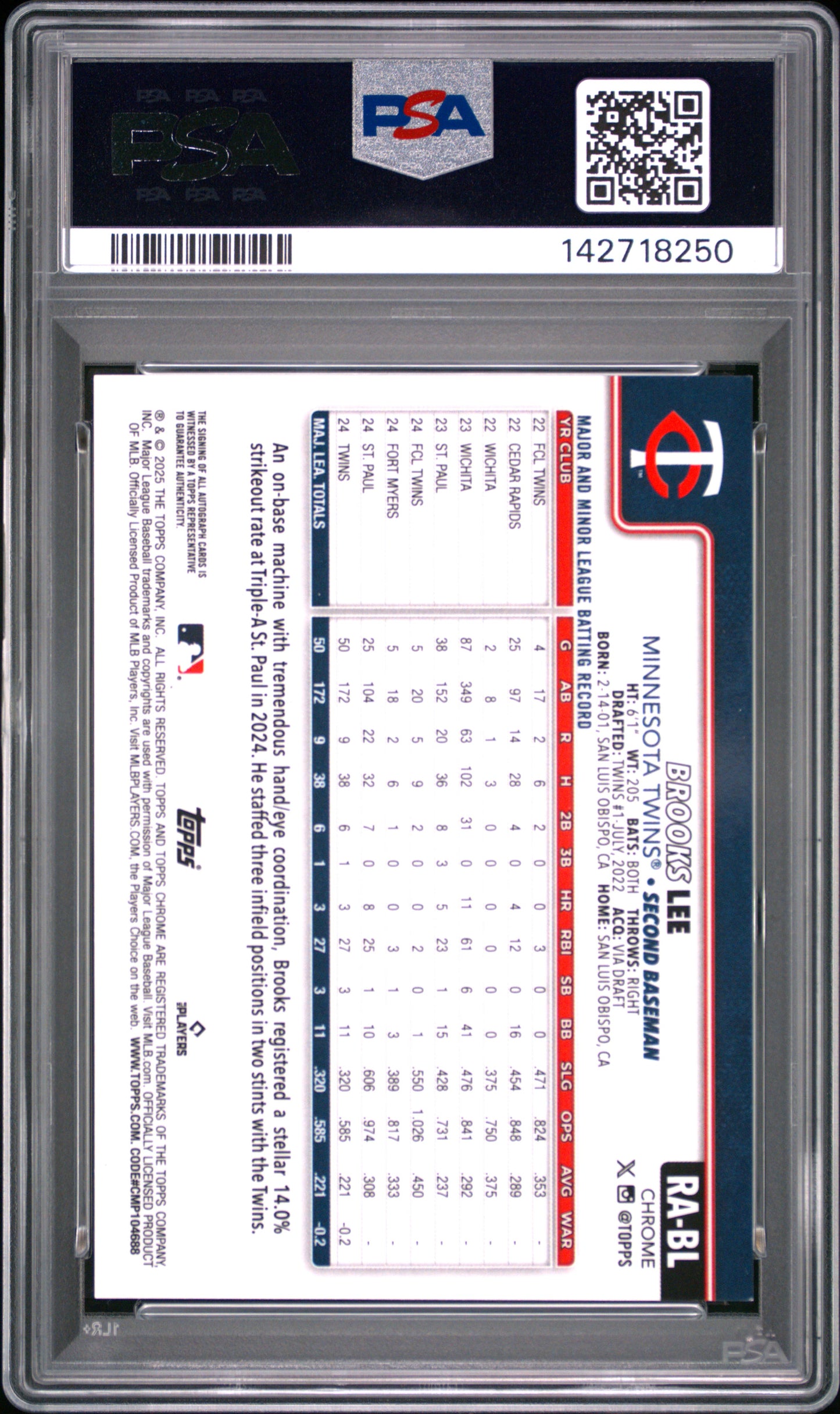 2025 Topps Chrome Rookie Autographs Brooks Lee #RABL Blue Raywave PSA 9