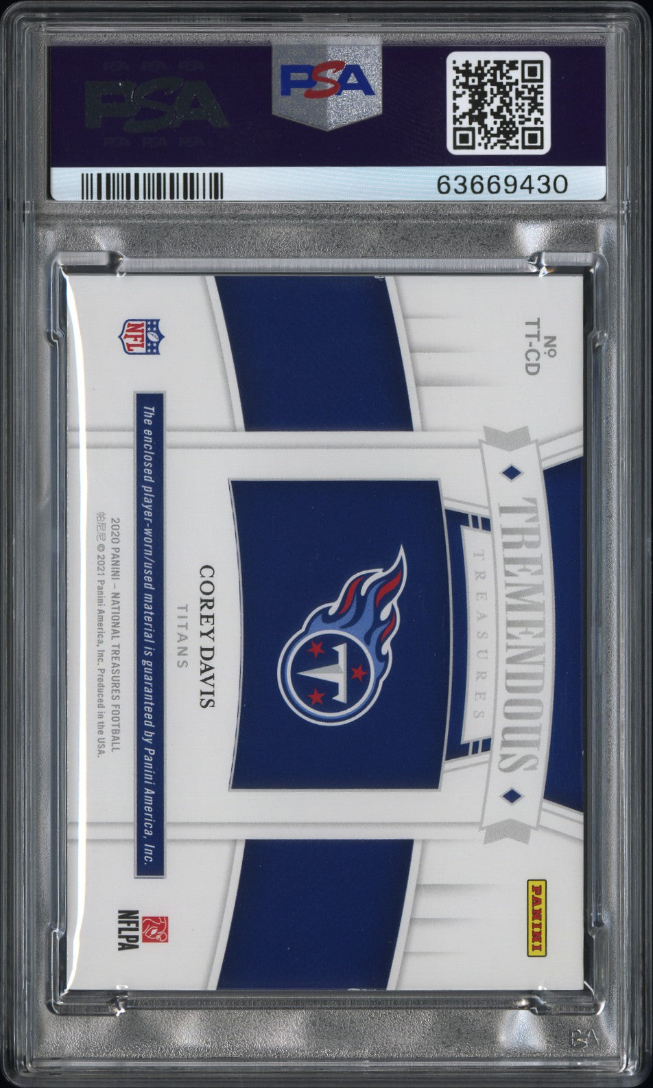 2019 Panini National Treasures Corey Davis #TT-CD Tremendous Treasures PSA 8