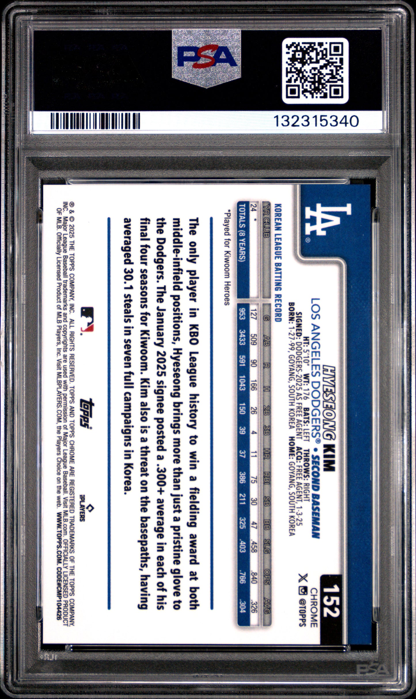 2025 Topps Chrome Hyeseong Kim #152 Gold Wave /50 PSA 9