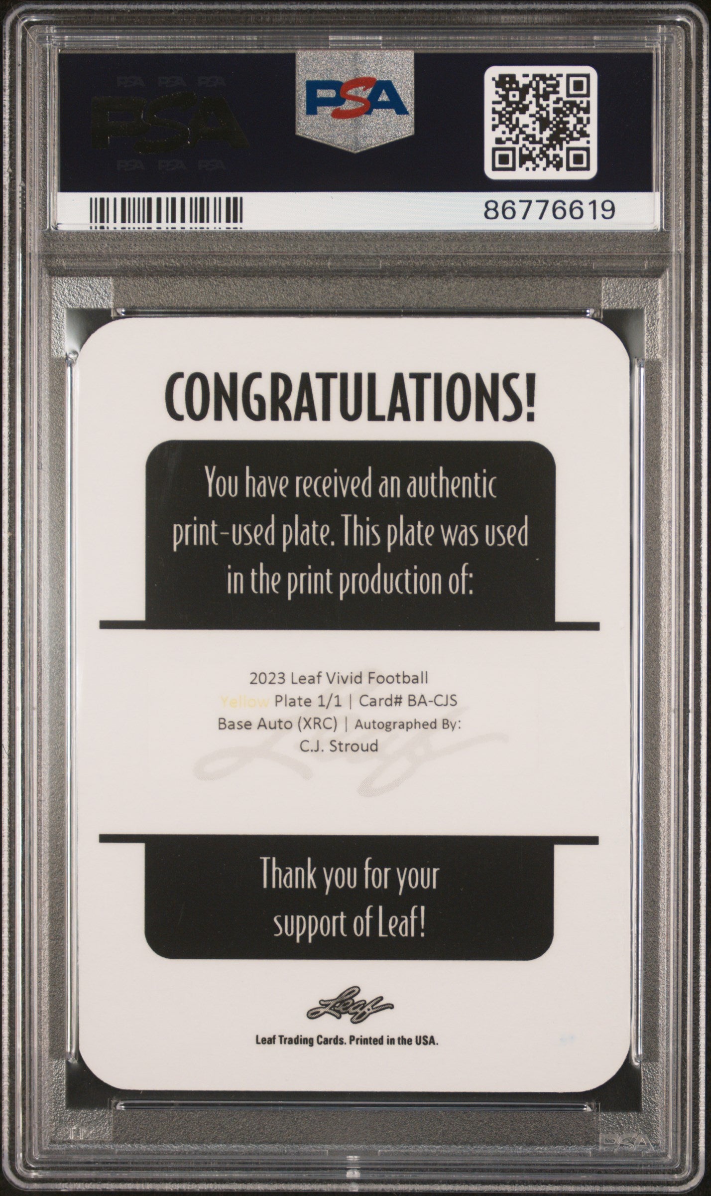 2023 Leaf Vivid Autographs CJ Stroud #BACJS Yellow PP PSA A