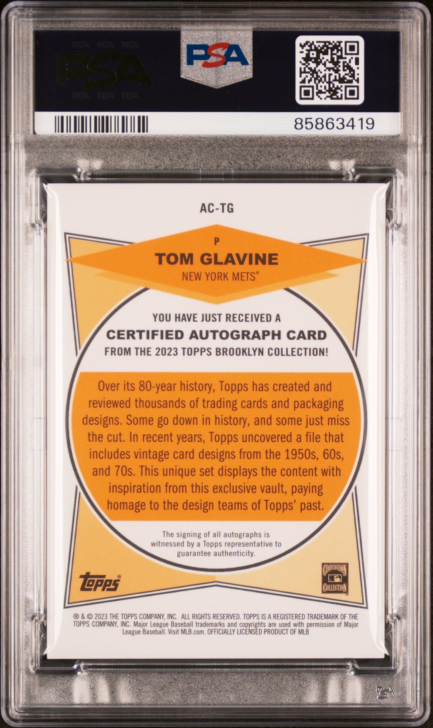 2023 Topps Brooklyn Collection Autograph Tom Glavine #TG Black PSA 10