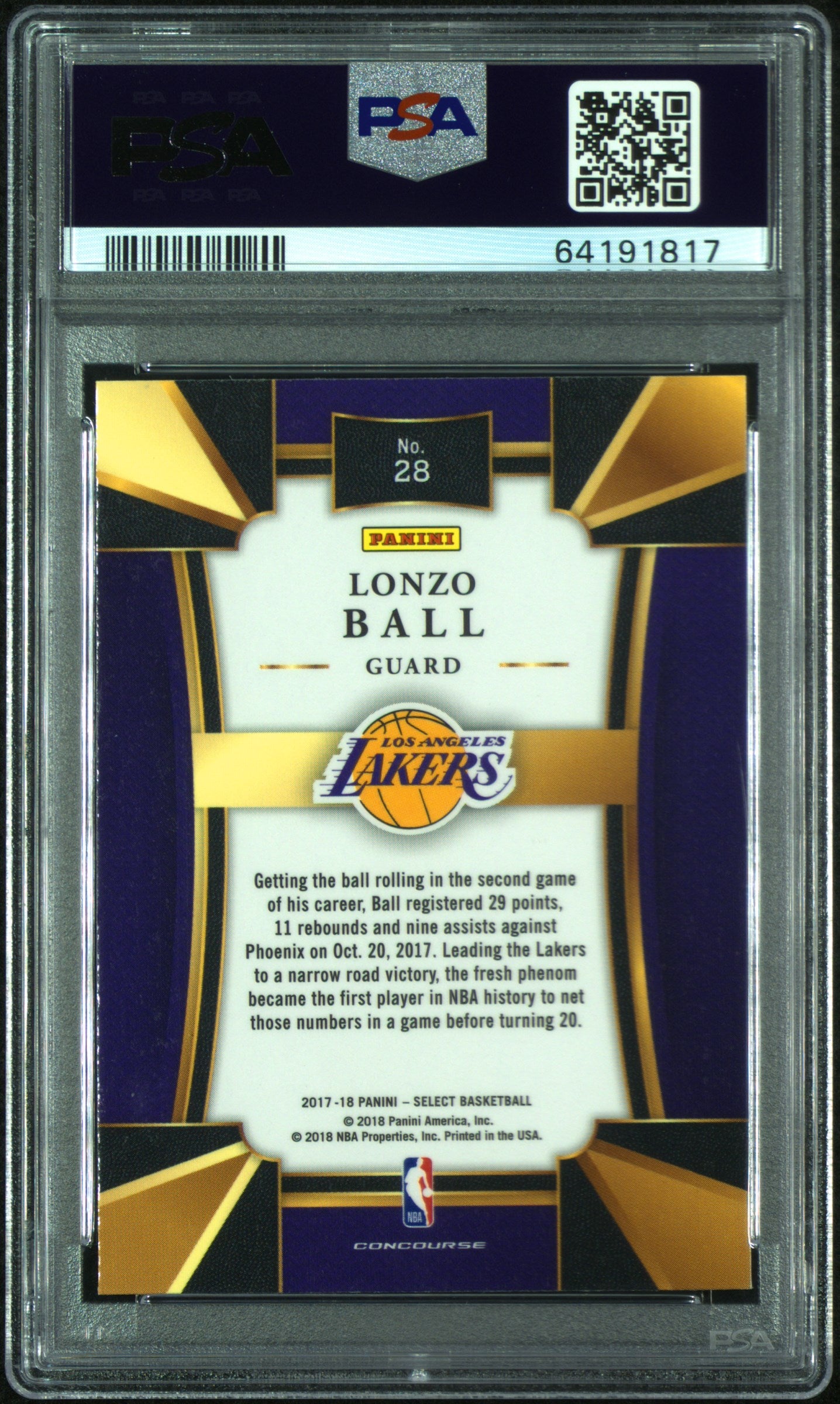 2017 Panini Select Lonzo Ball #28 PSA 9