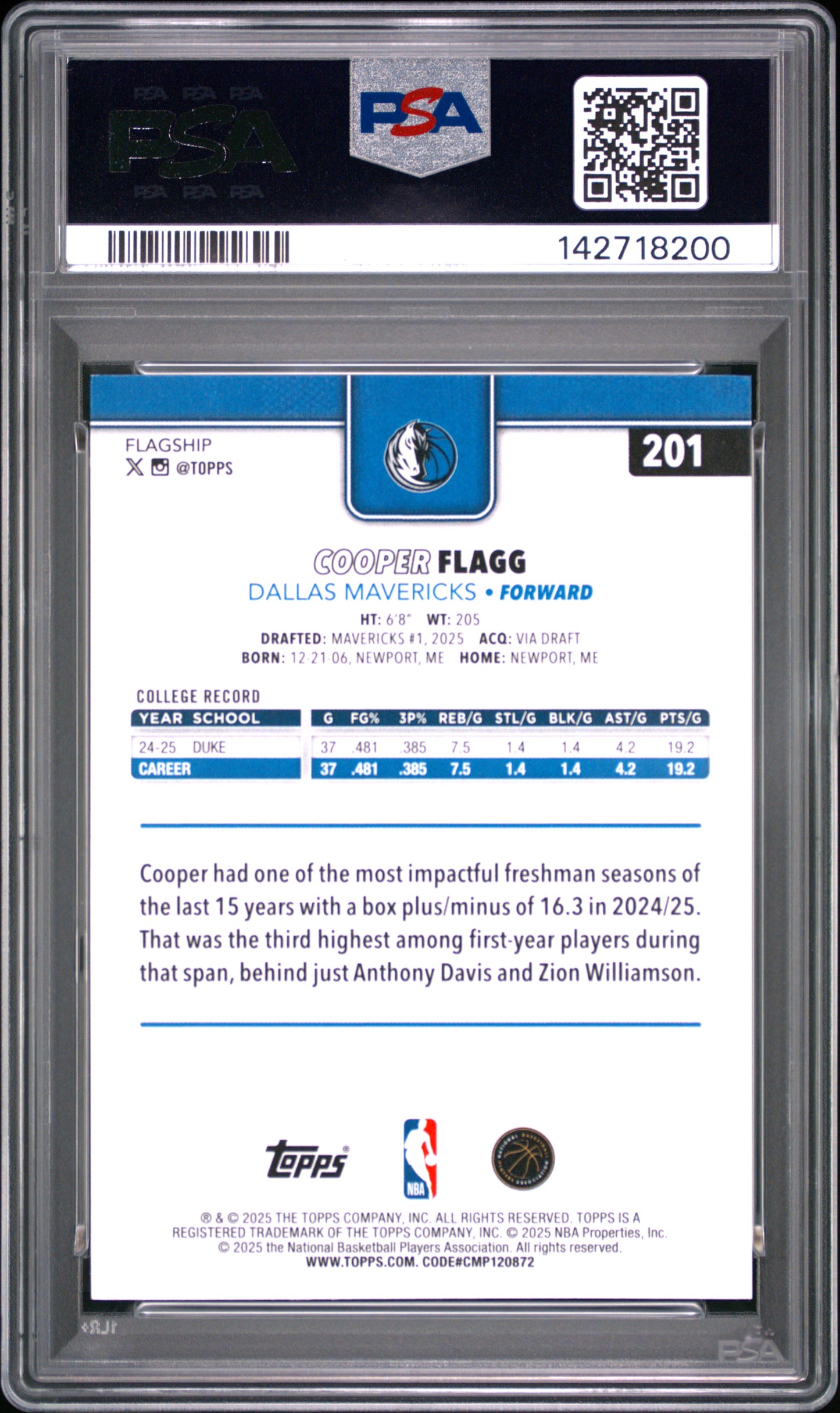2025 Topps Cooper Flagg #201 PSA 9