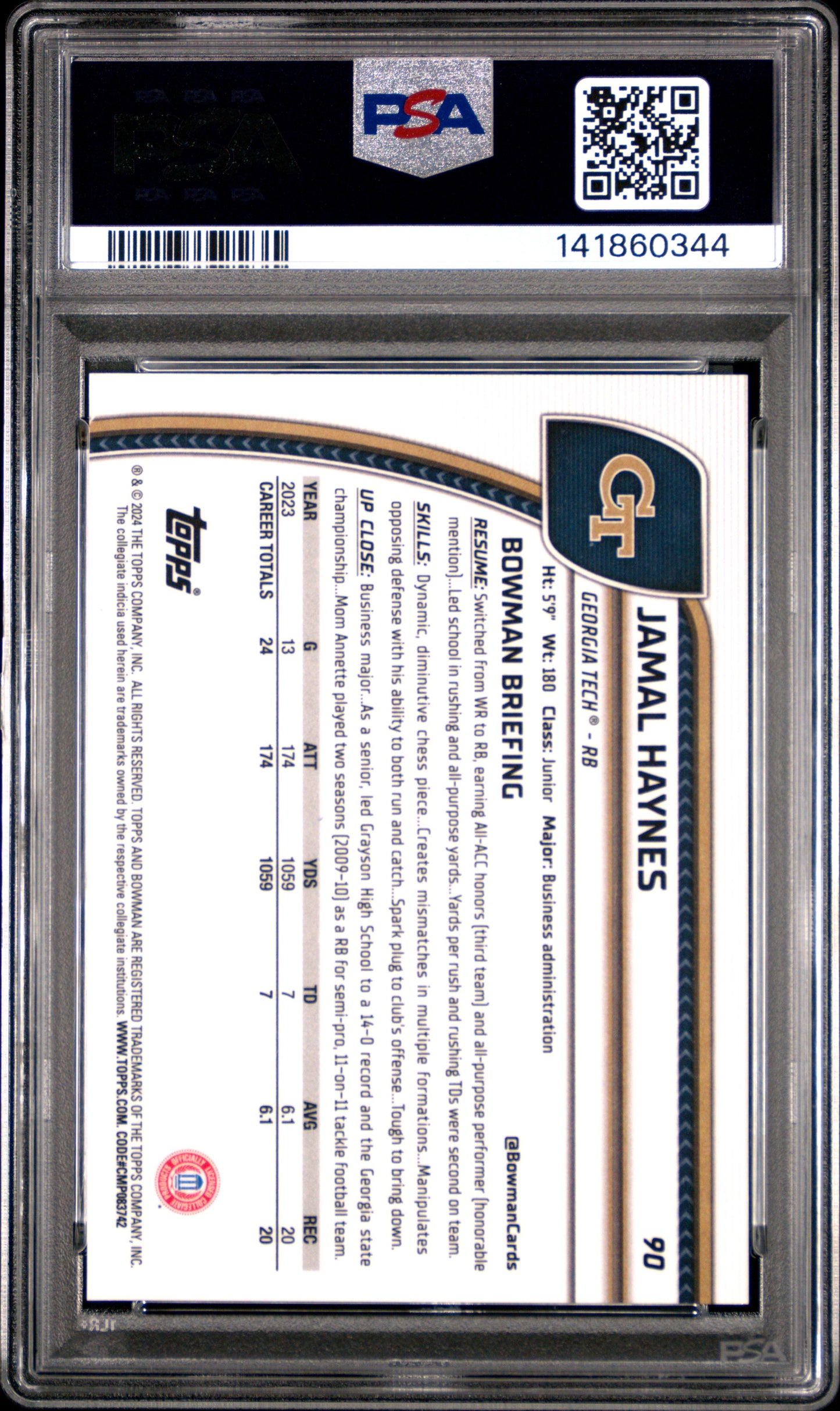 2024 Bowman University Chrome Jamal Haynes #90 Purple Mini Diamond PSA 10