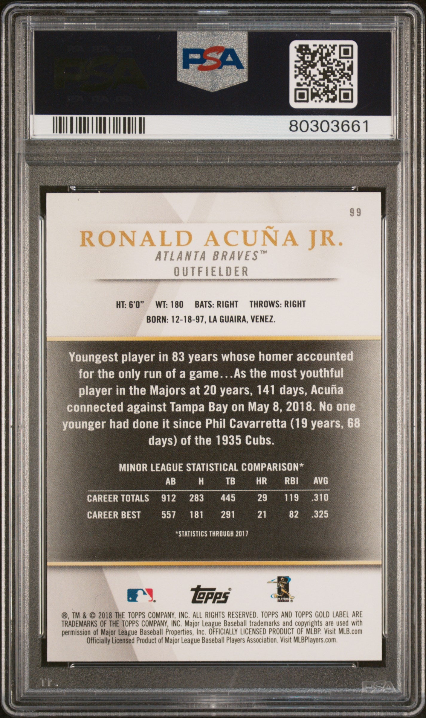 2018 Topps Gold Label Ronald Acuna JR. #99 Class 1 PSA 10