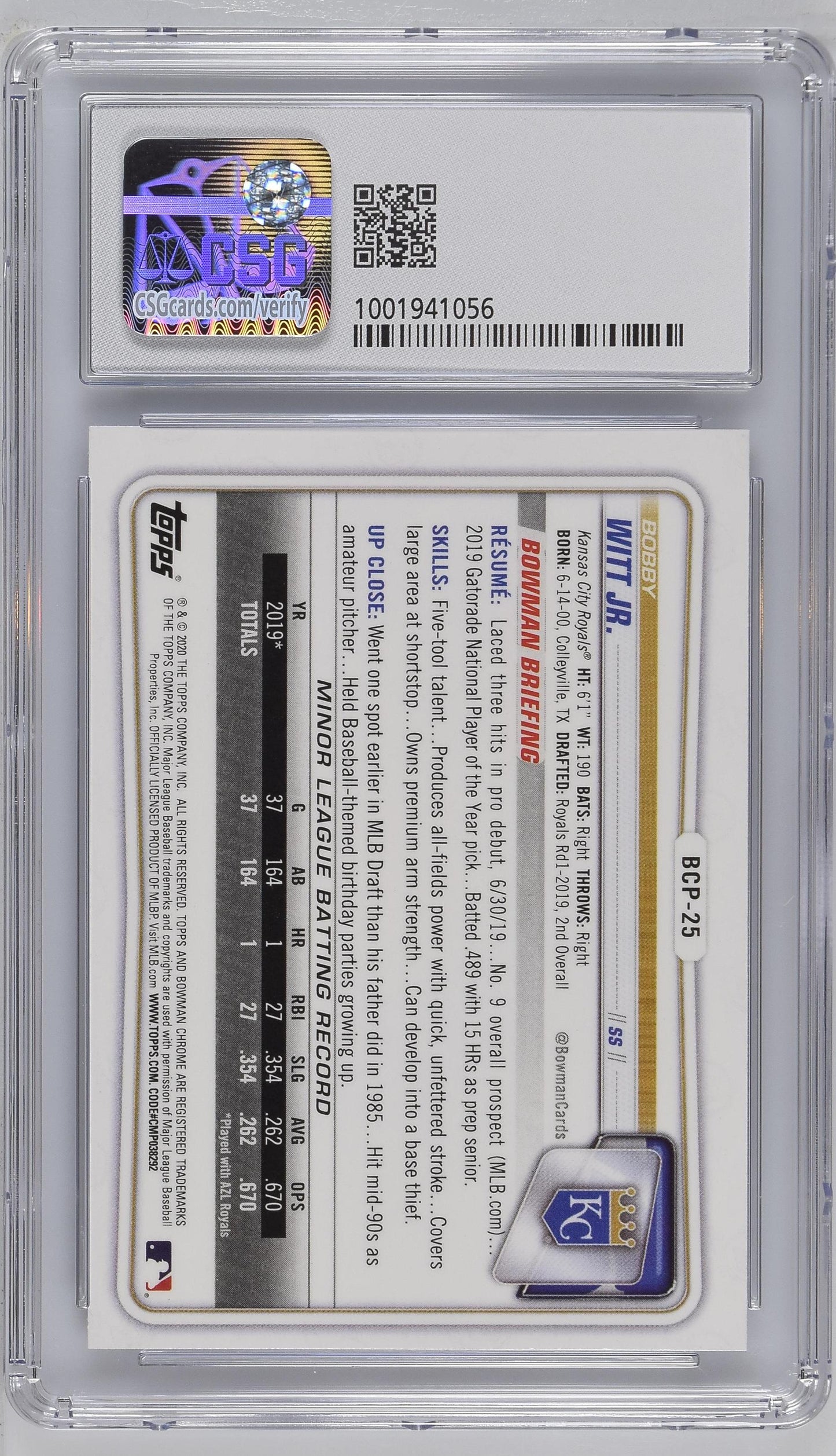 2020 Bowman Chrome Bobby Witt Jr. #BCP-25 CGC 10