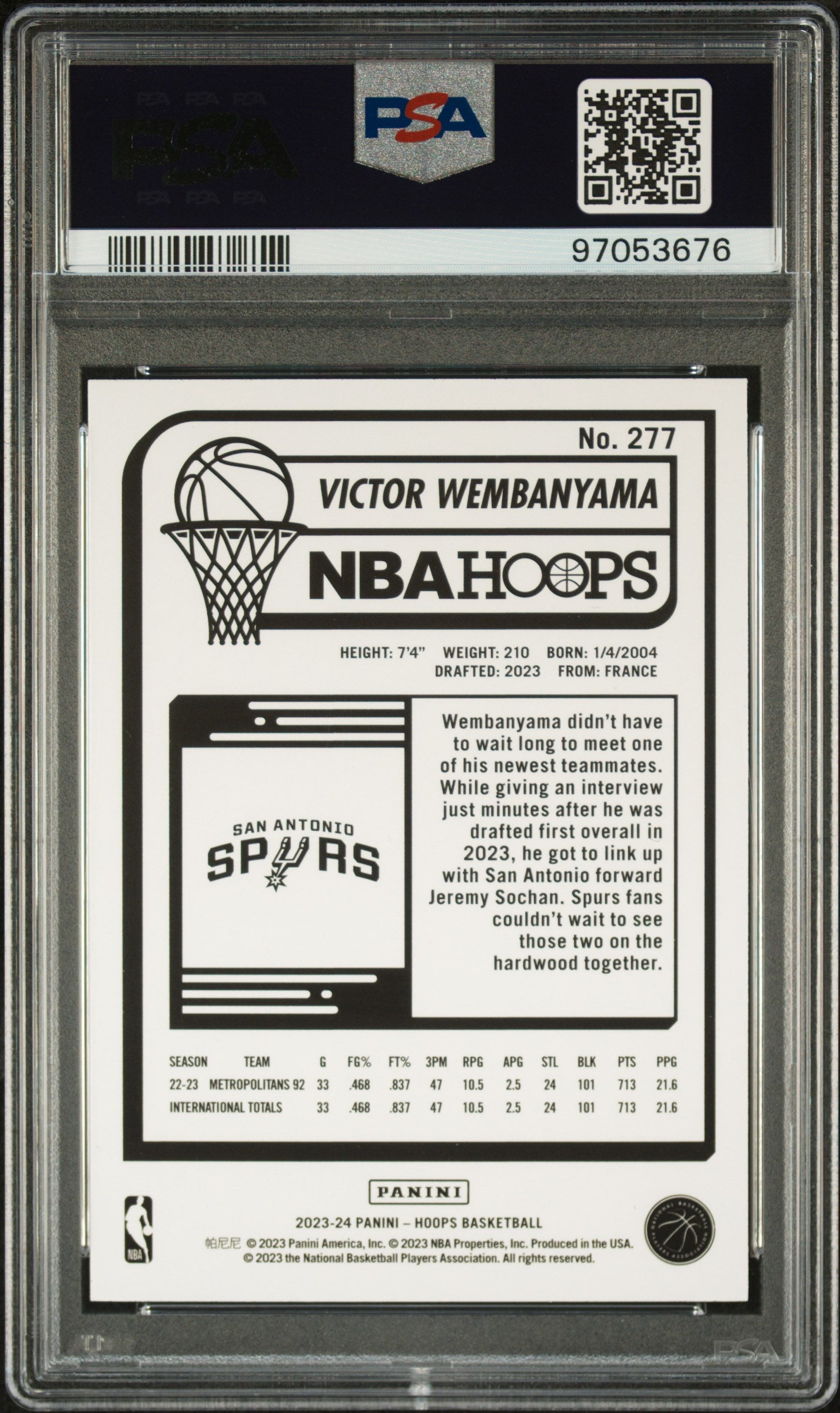 2023 Panini NBA Hoops Victor Wembanyama #277 PSA 10