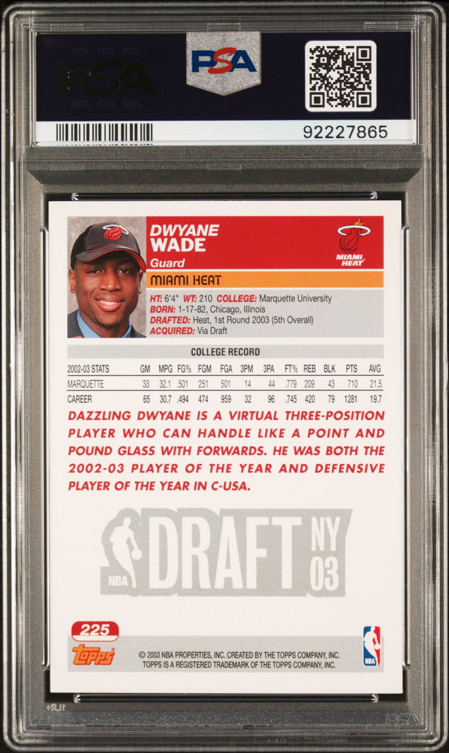 2003 Topps Dwyane Wade #225 1st Edition PSA 9