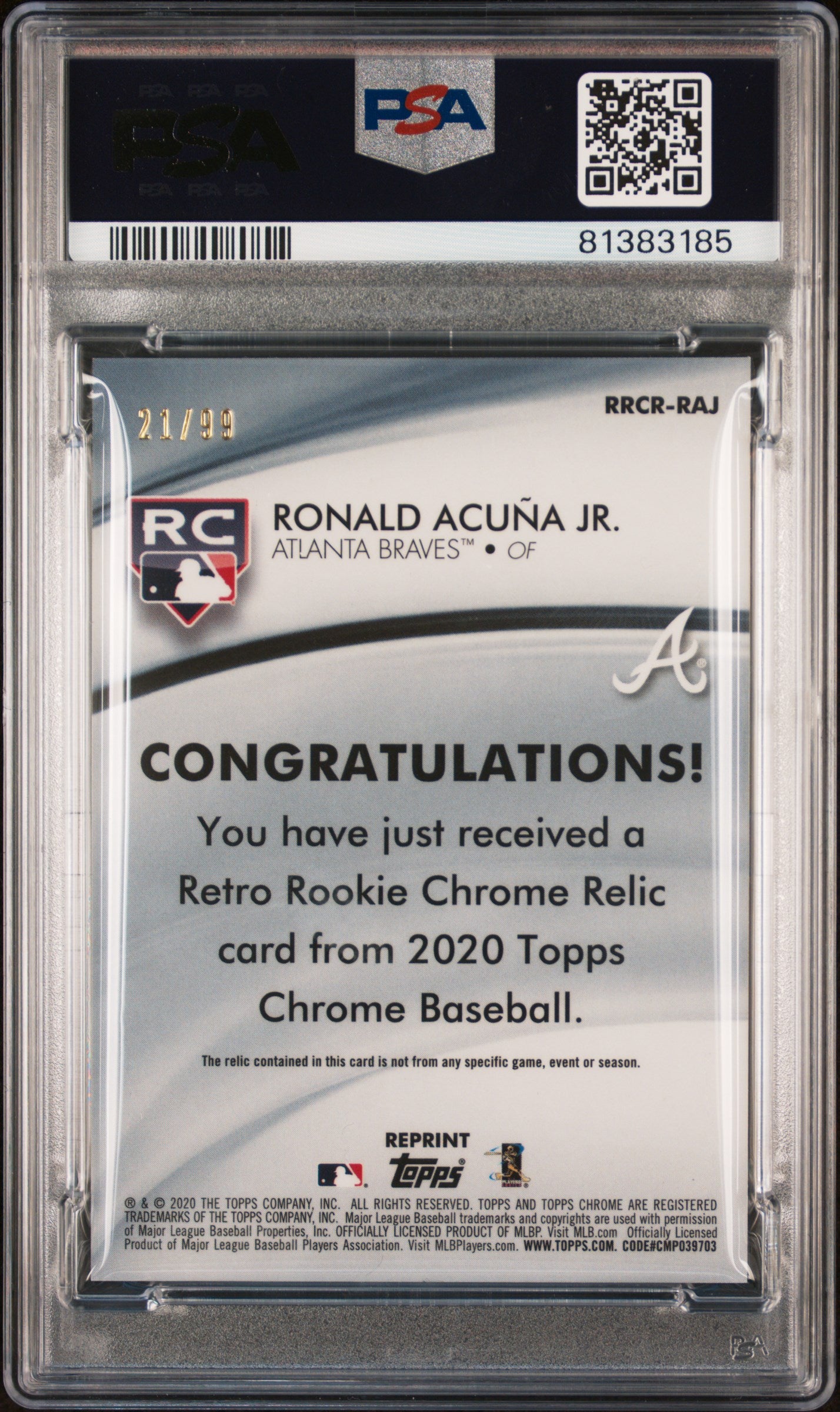 2020 Topps Chrome Ronald Acuna JR. #RRCRRAJ Retro Rookie Relics Green Refractor PSA 10