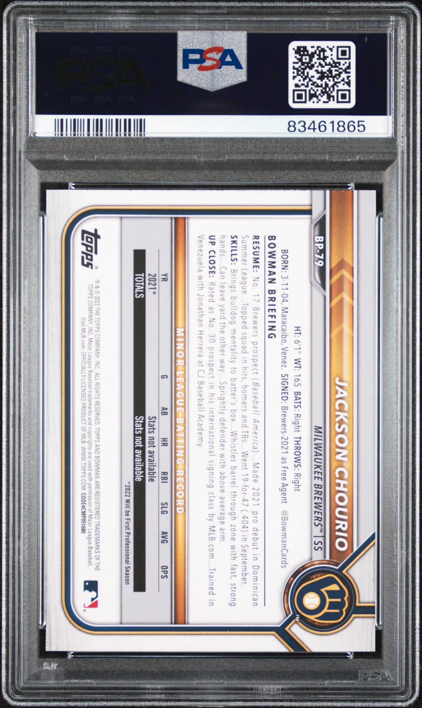 2022 Bowman Sensational Signatures Jackson Chourio #BP79 Sensational Signatures Paper Prospects PSA 10