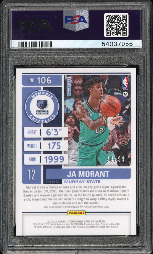 2019 Panini Contenders Optic Ja Morant #106 SP Autograph Blue /99 PSA 9