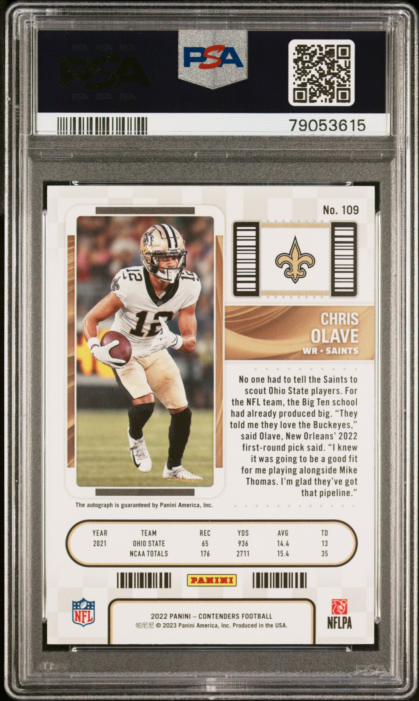 2022 Panini Contenders Chris Olave #109 Autograph PSA 9