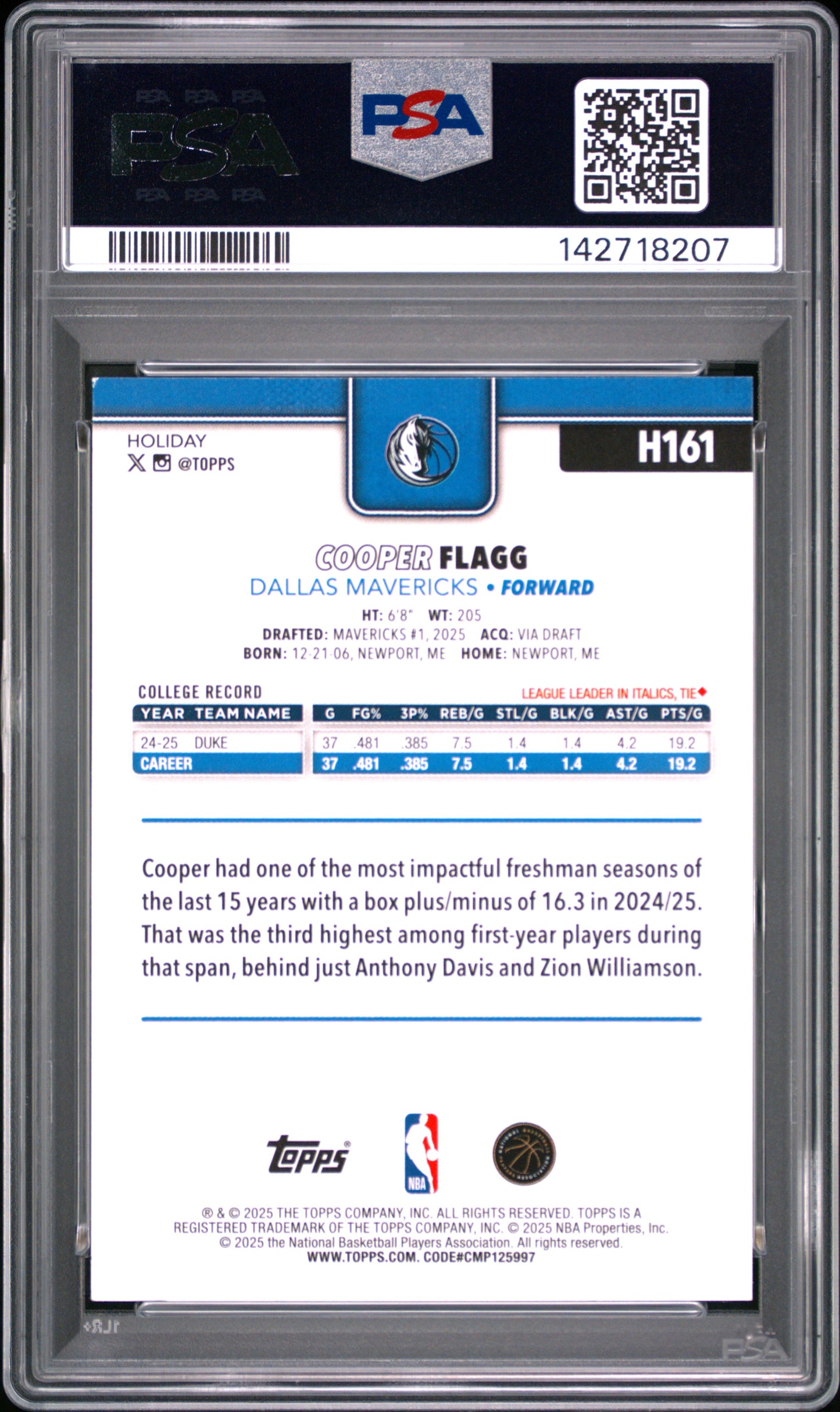 2025 Topps Holiday Cooper Flagg #H161 PSA 8