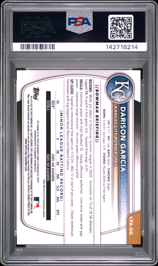 2025 Bowman Chrome Prospect Autographs Darison Garcia #CPADG Blue Raywave 118/150 PSA 8