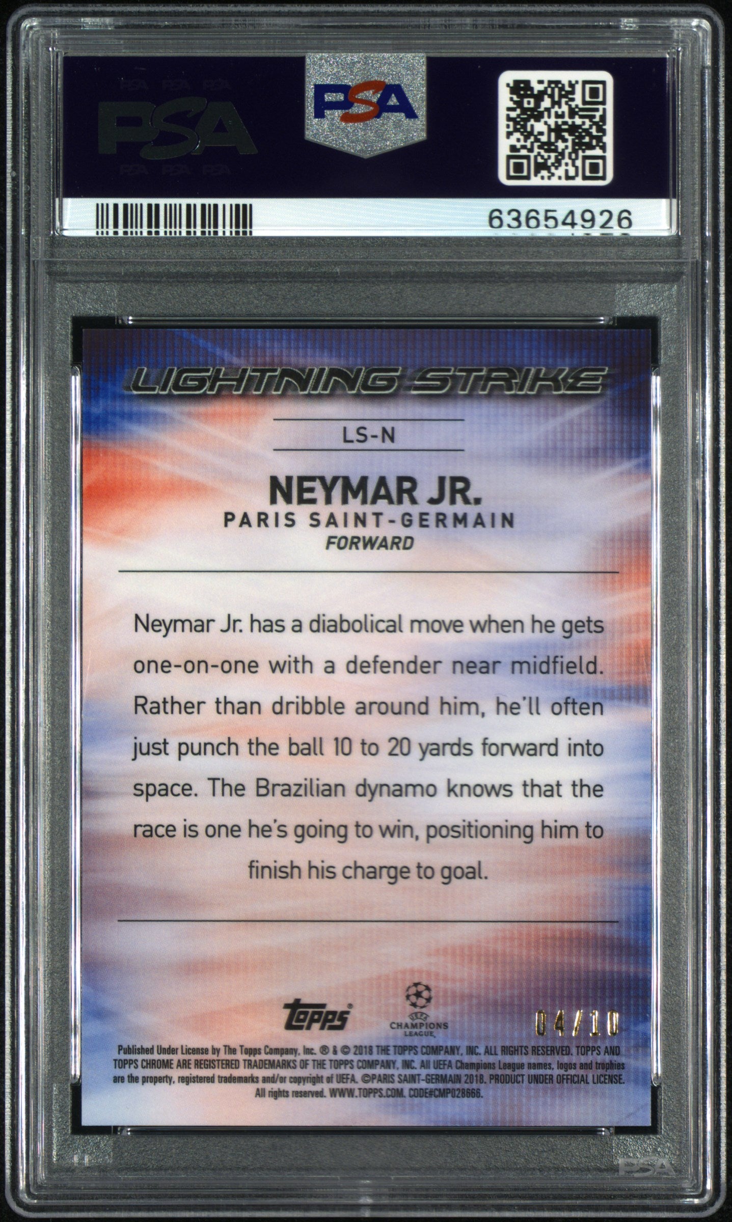 2017 Chrome UEFA Champions League Lightning Strike Neymar JR. Red /10 PSA 10