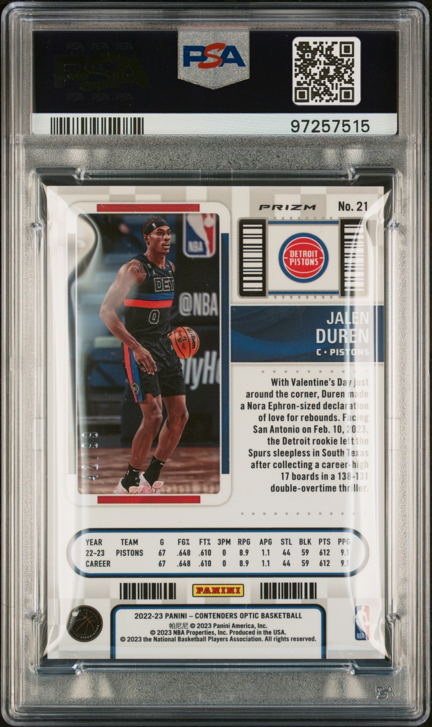 2022 Panini Contenders Optic Rookie Ticket Jalen Duren #21 Blue PSA 9