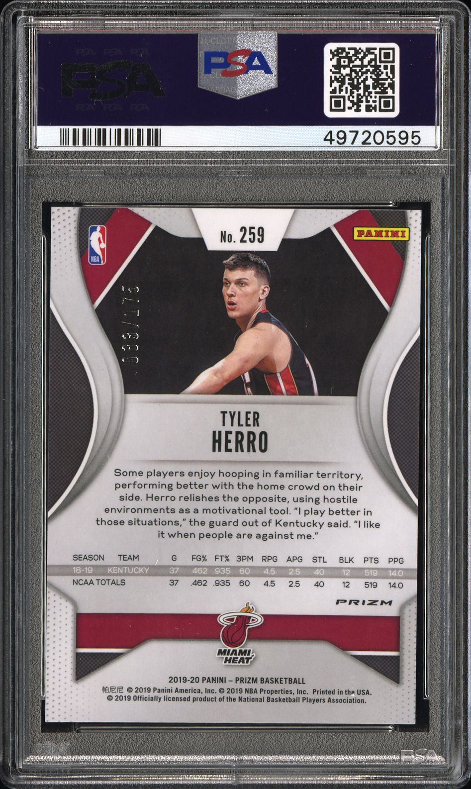 2019 Panini Prizm Tyler Herro #259 Fast Break Blue PSA 9