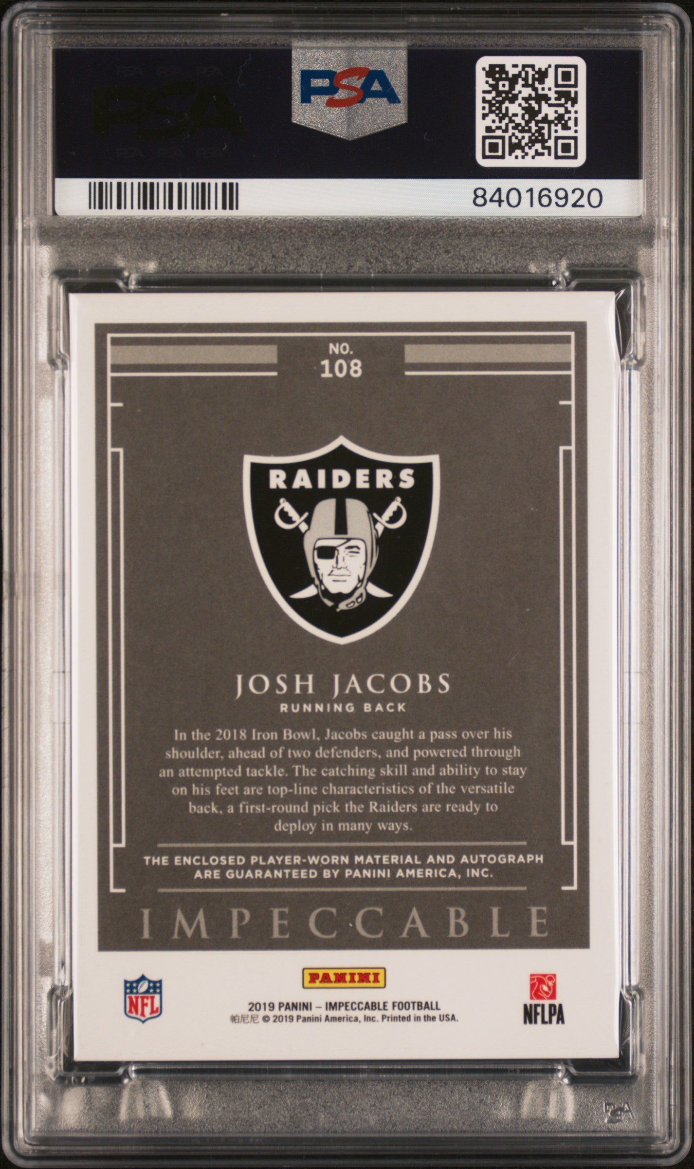 2019 Panini Impeccable Josh Jacobs #108 Hlmt Pat. Au Nameplate PSA 8 Auto 10
