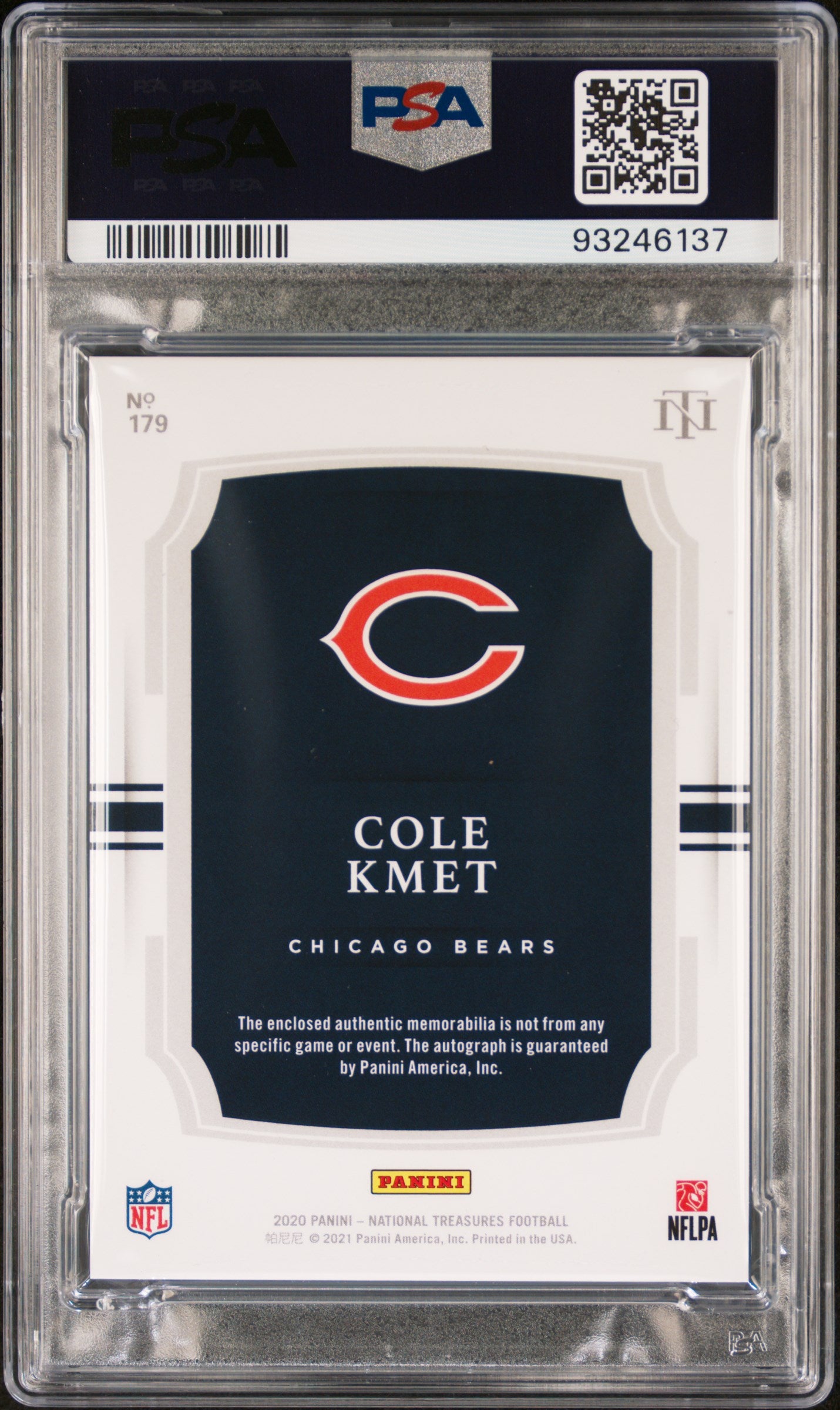 2020 National Treasures Cole Kmet #179 Rookie Patch Auto Holo Silver PSA 9 RPA