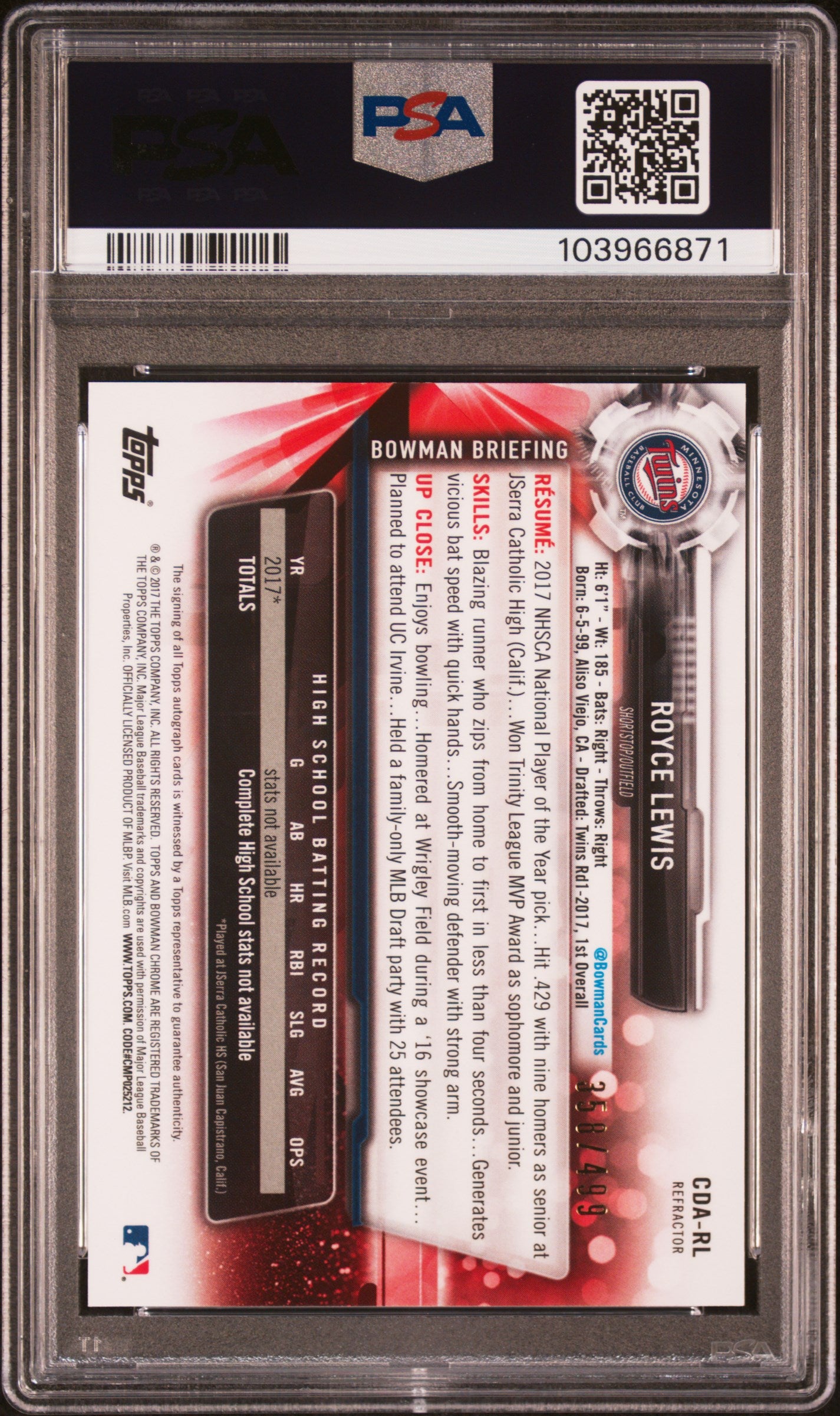 2017 Bowman Draft Chrome Draft Picks Auto Royce Lewis #CDARL Refractor PSA 9
