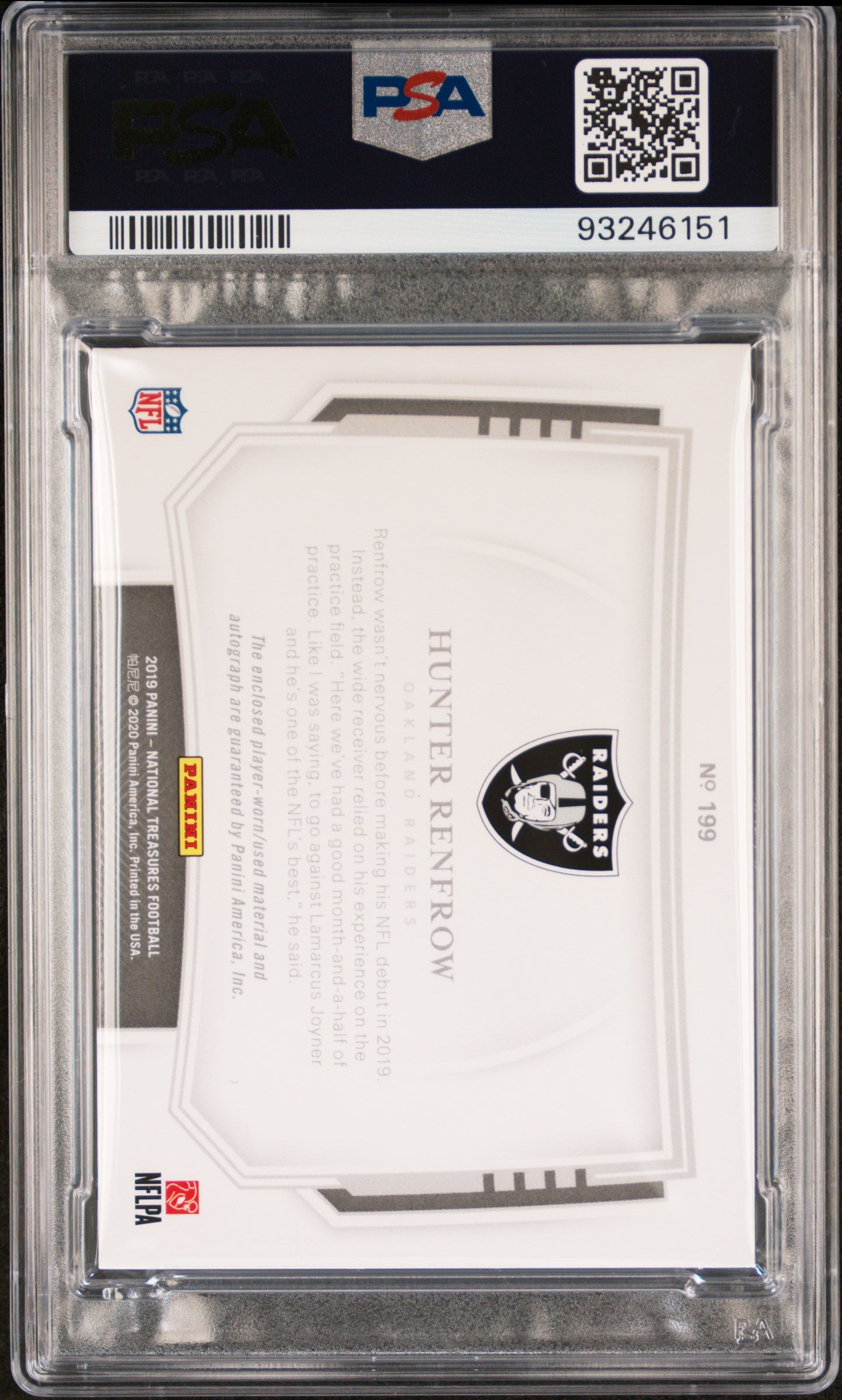 2019 Panini National Treasures Hunter Renfrow #199 Patch Autograph PSA 9 Auto 10