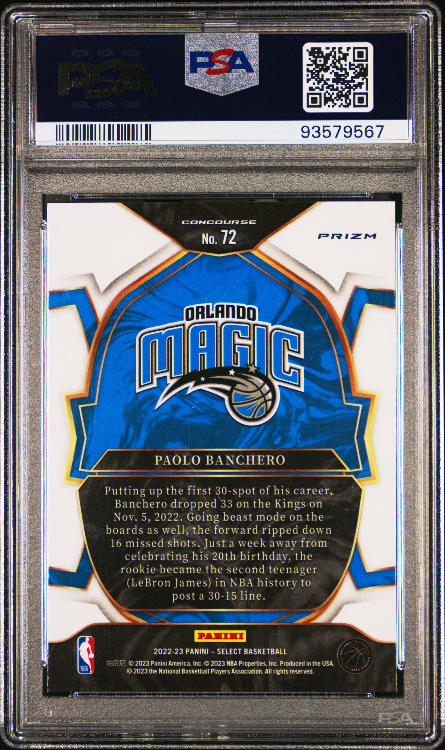 2022 Panini Select Paolo Banchero #72 Blue Cracked Ice PSA 9