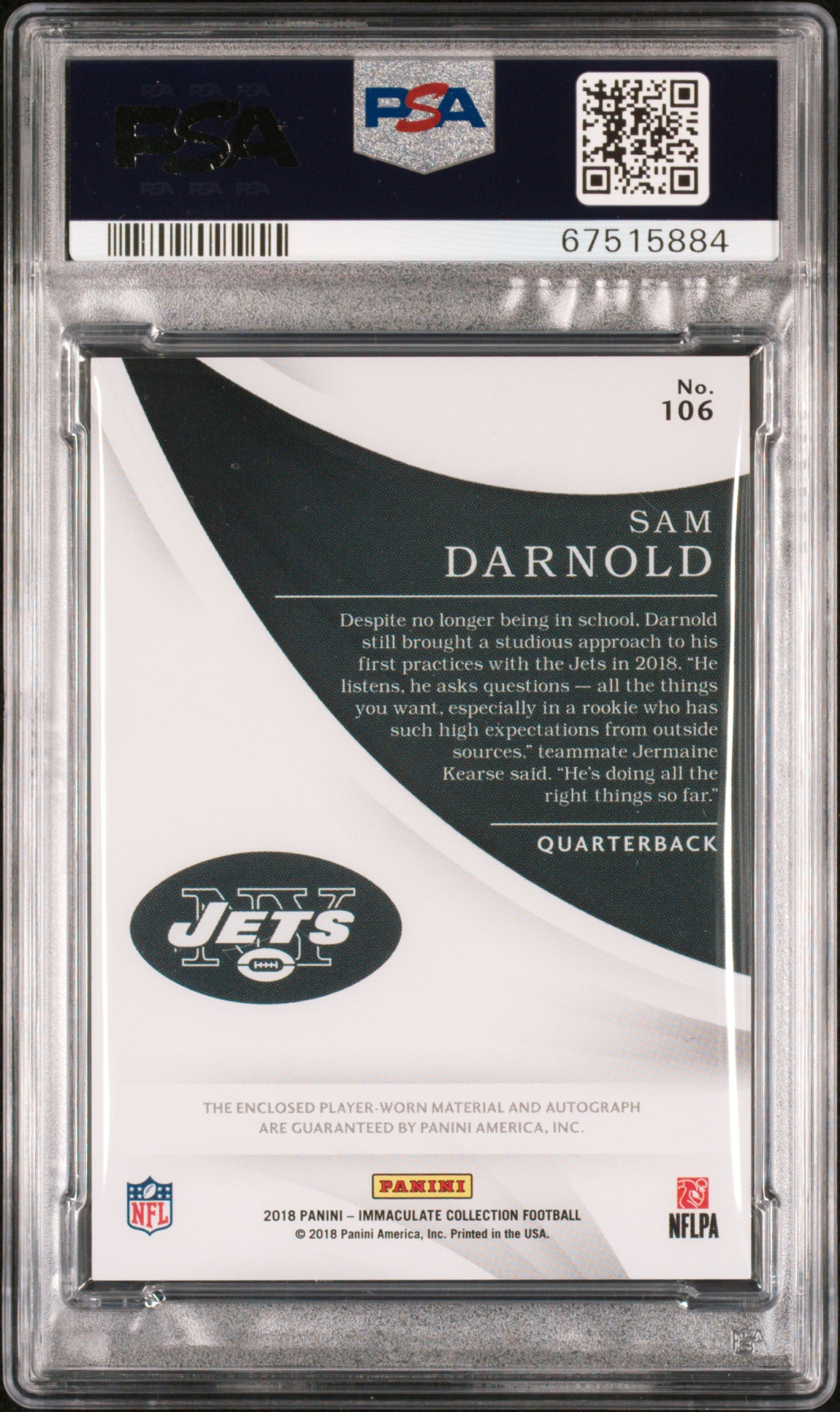 2018 Immaculate Collection Sam Darnold Rookie Patch Auto NFL Shield PSA 9 RPA