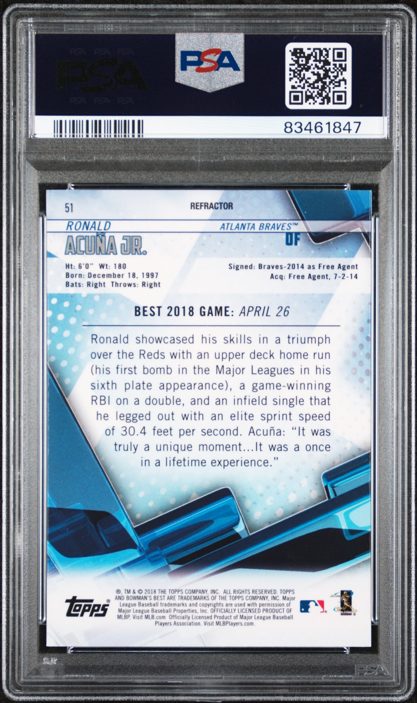 2018 Bowman's Best Ronald Acuna JR. #51 Refractor PSA 10