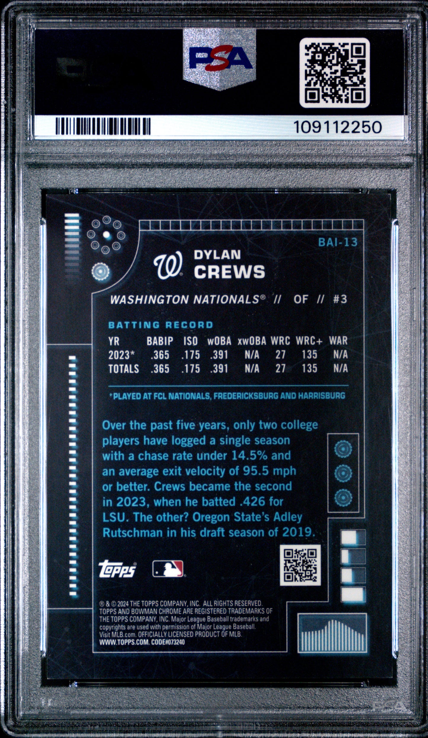 2024 Bowman Bowman Ai Dylan Crews #BAI13 Aqua PSA 9
