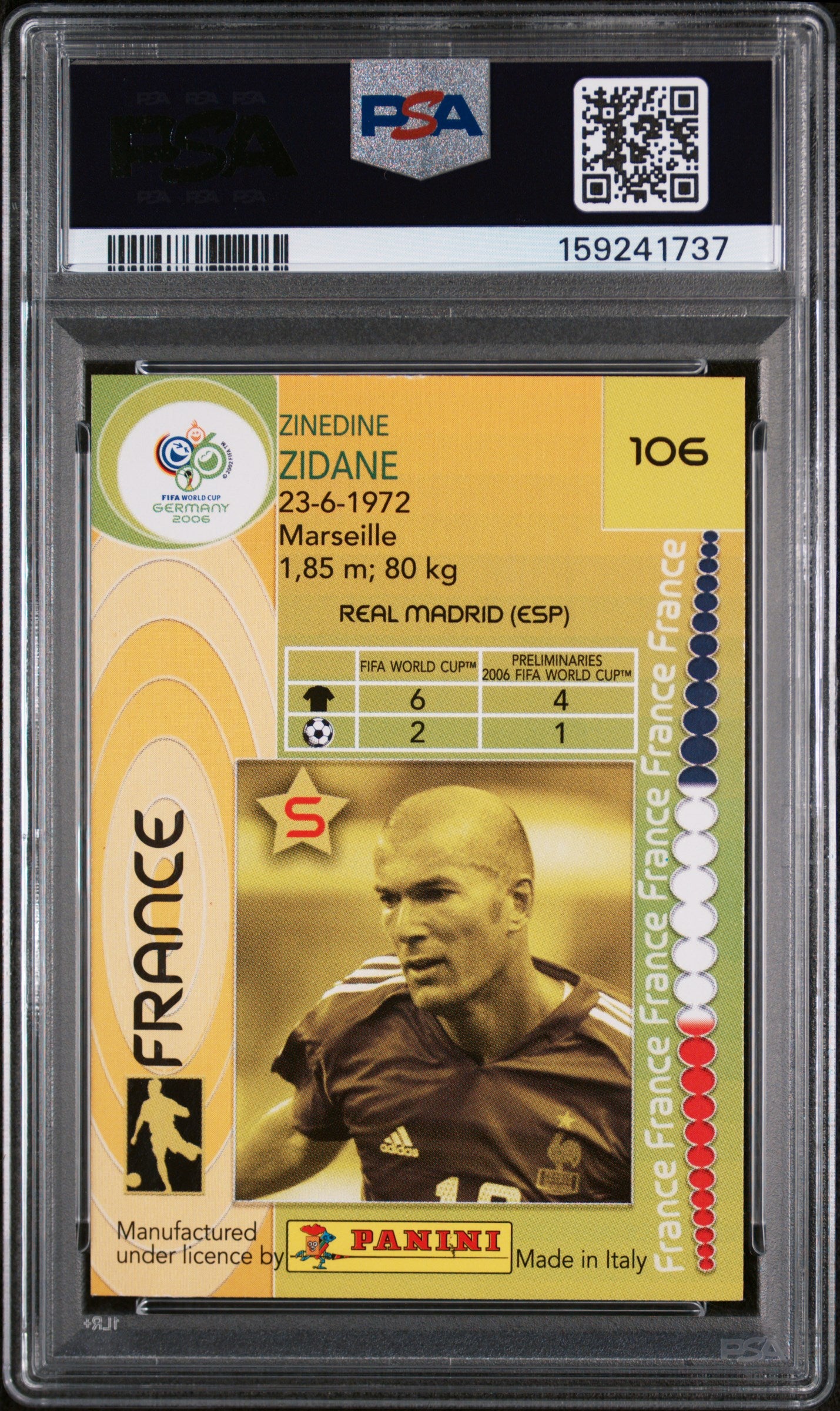 2006 Panini World Cup Germany Zinedine Zidane #106 PSA 7
