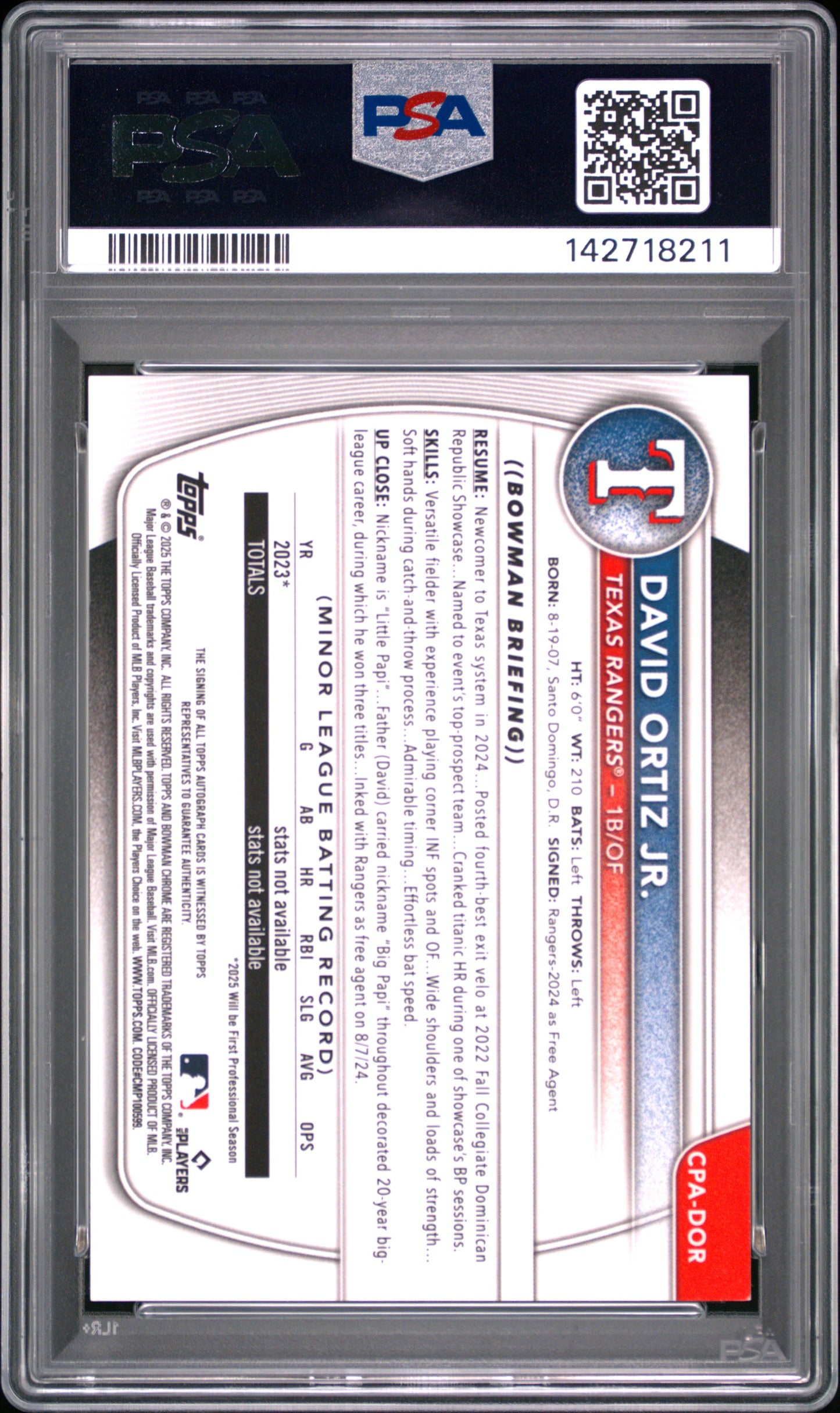 2025 Bowman Chrome Prospect Autographs David Ortiz JR. #CPADOR PSA 9