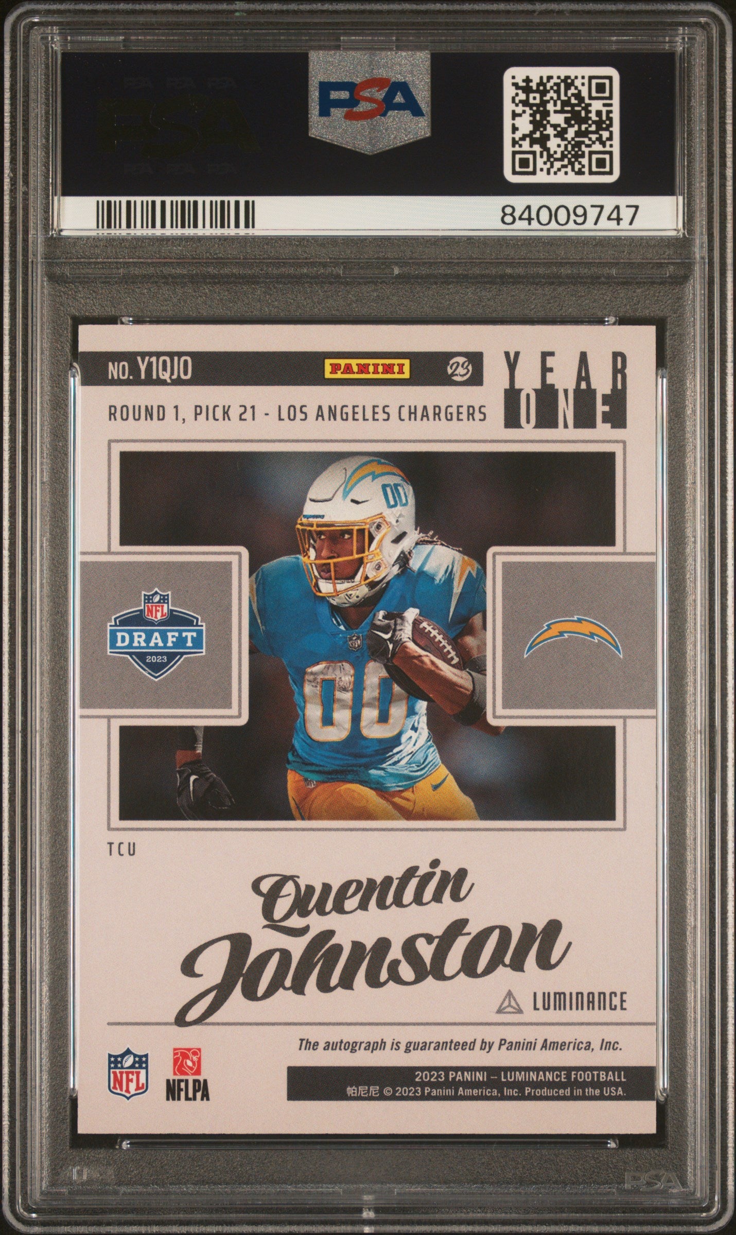 2023 Panini Luminance Year One Signatures Quentin Johnston #Y1QJO PSA 9