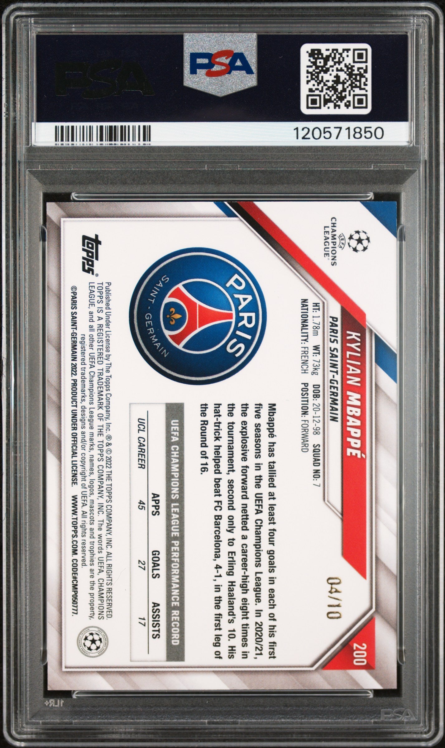 2021 Topps UEFA Champions League 1st Edition Kylian Mbappe #200 Black Foil PSA 9