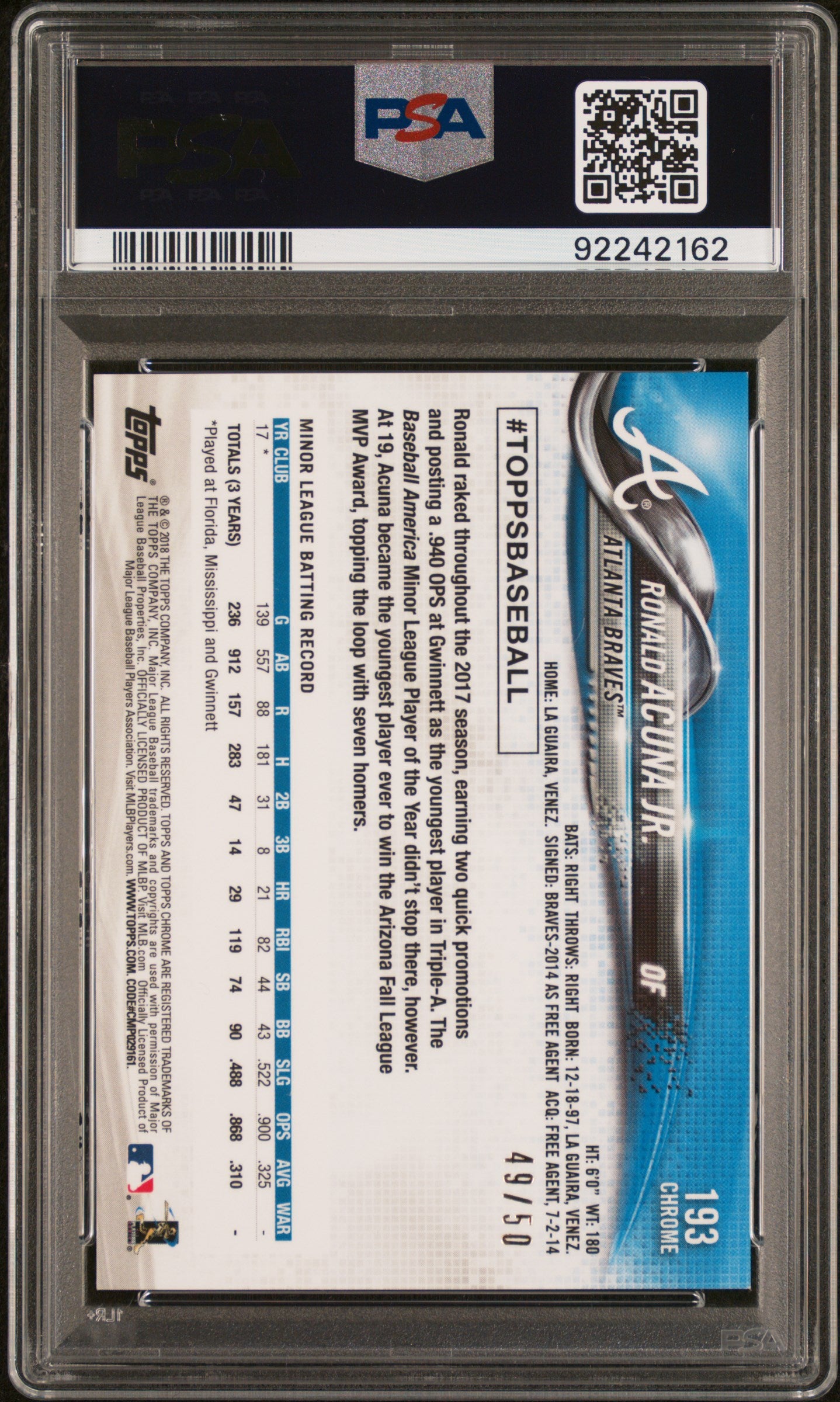 2018 Topps Chrome Ronald Acuna JR. #193 Gold Wave Refractor RC Rookie PSA 9