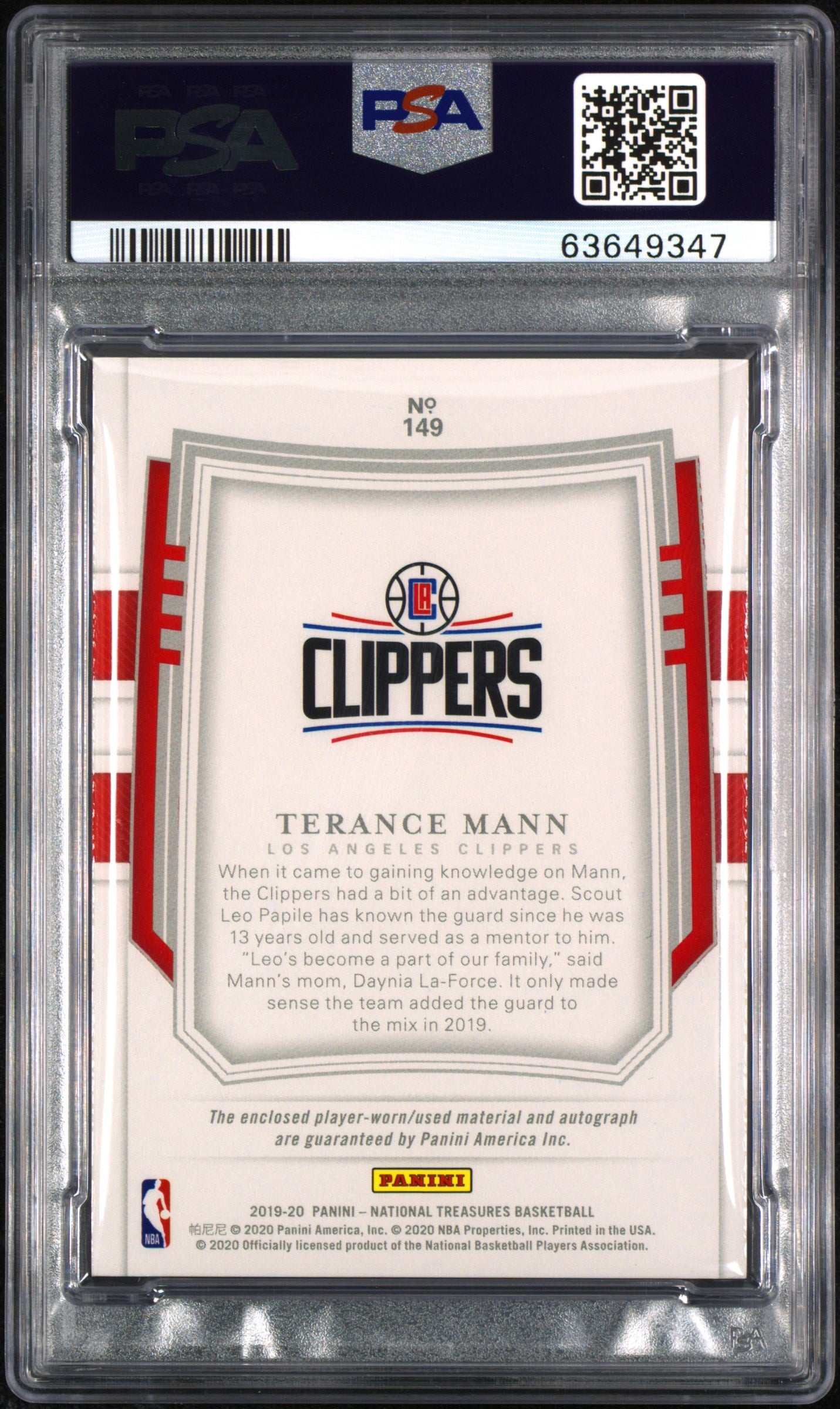 2019 National Treasures Terance Mann #149 Patch Auto Emerald PSA 8