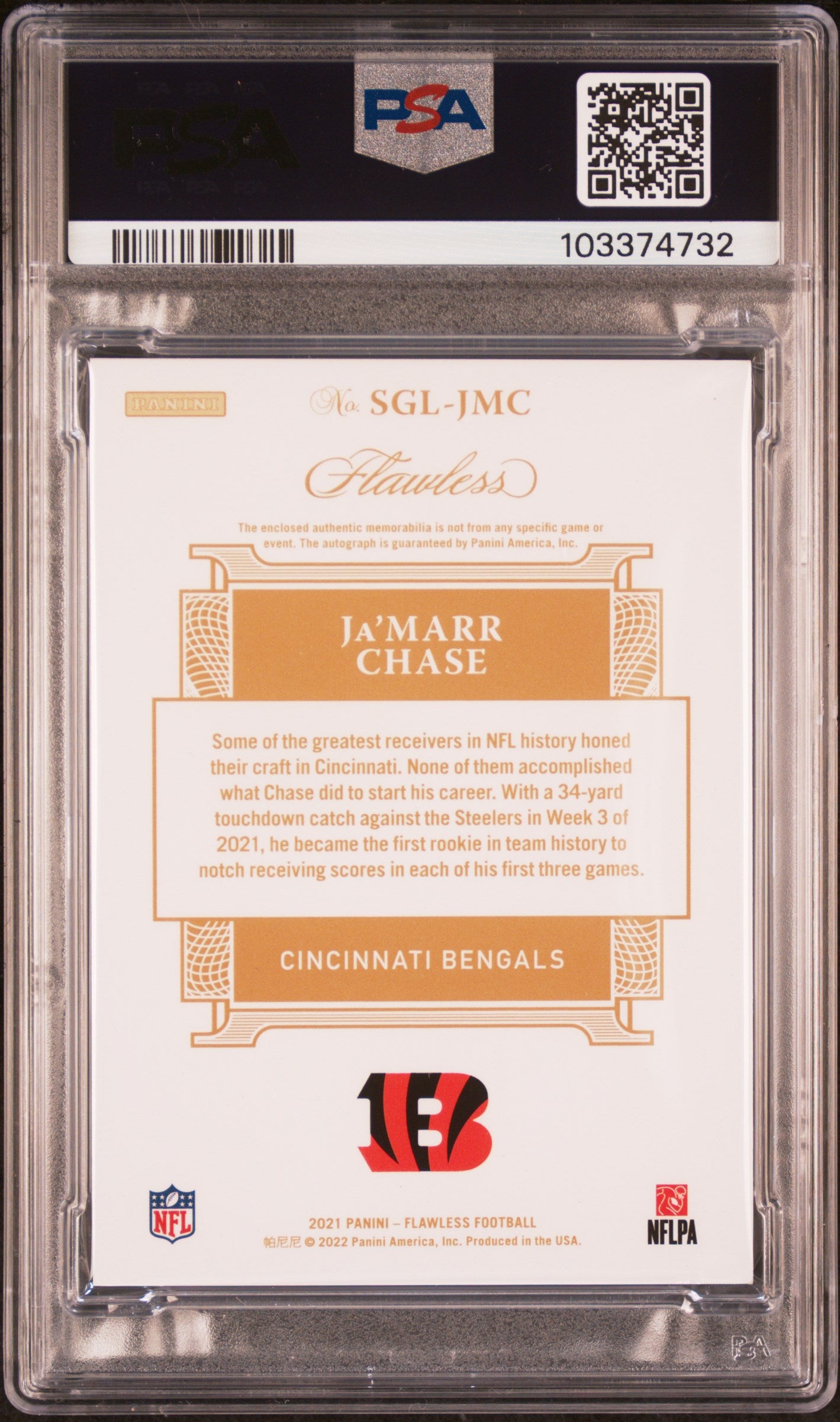 2022 Panini Flawless Update Ja'marr Chase #SGLJMC '21 SIG. Gloves Emerald PSA 9