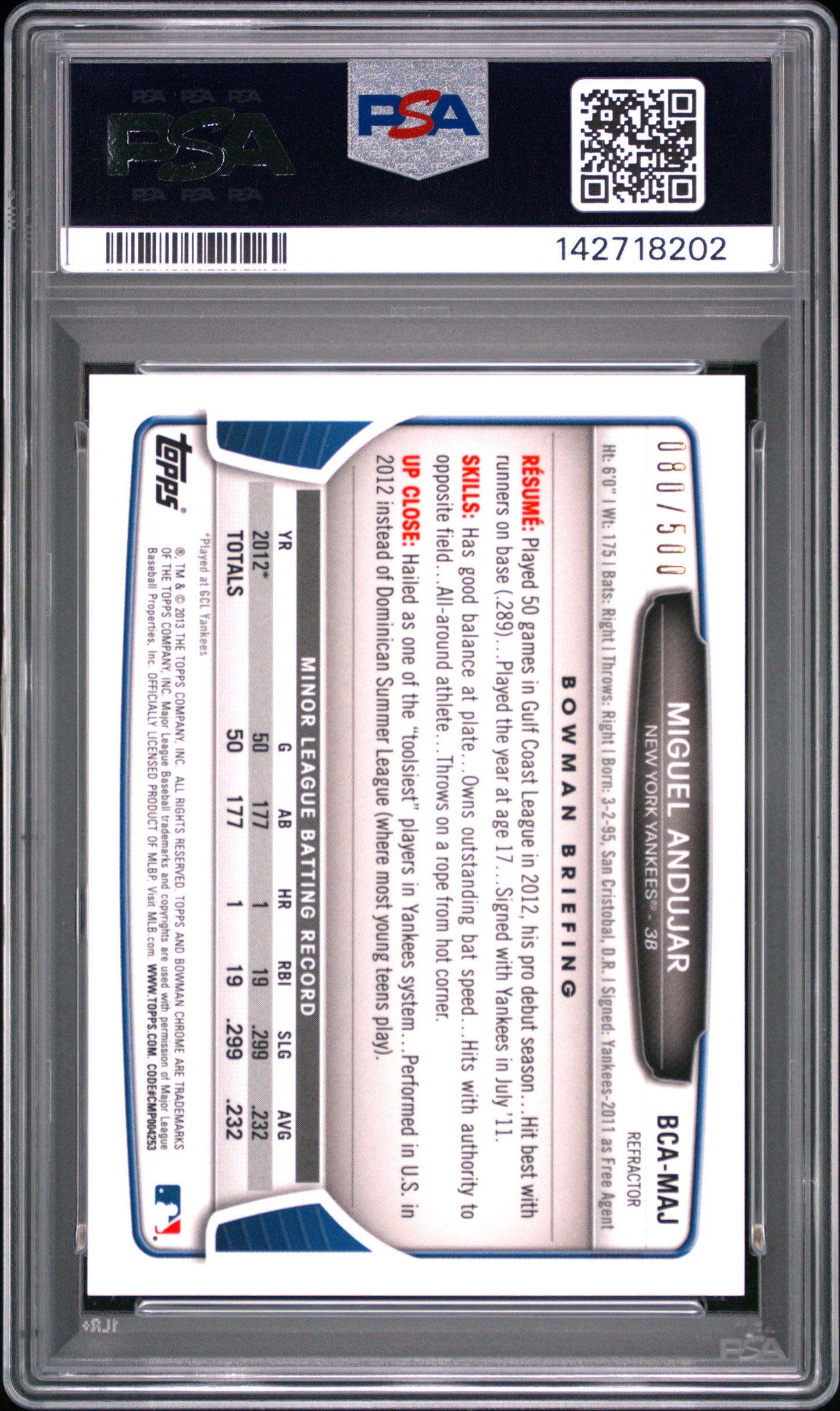 2013 Bowman Chrome Prospect Autograph Miguel Andujar #BCAMAJ Autograph Refractor /500 PSA 9