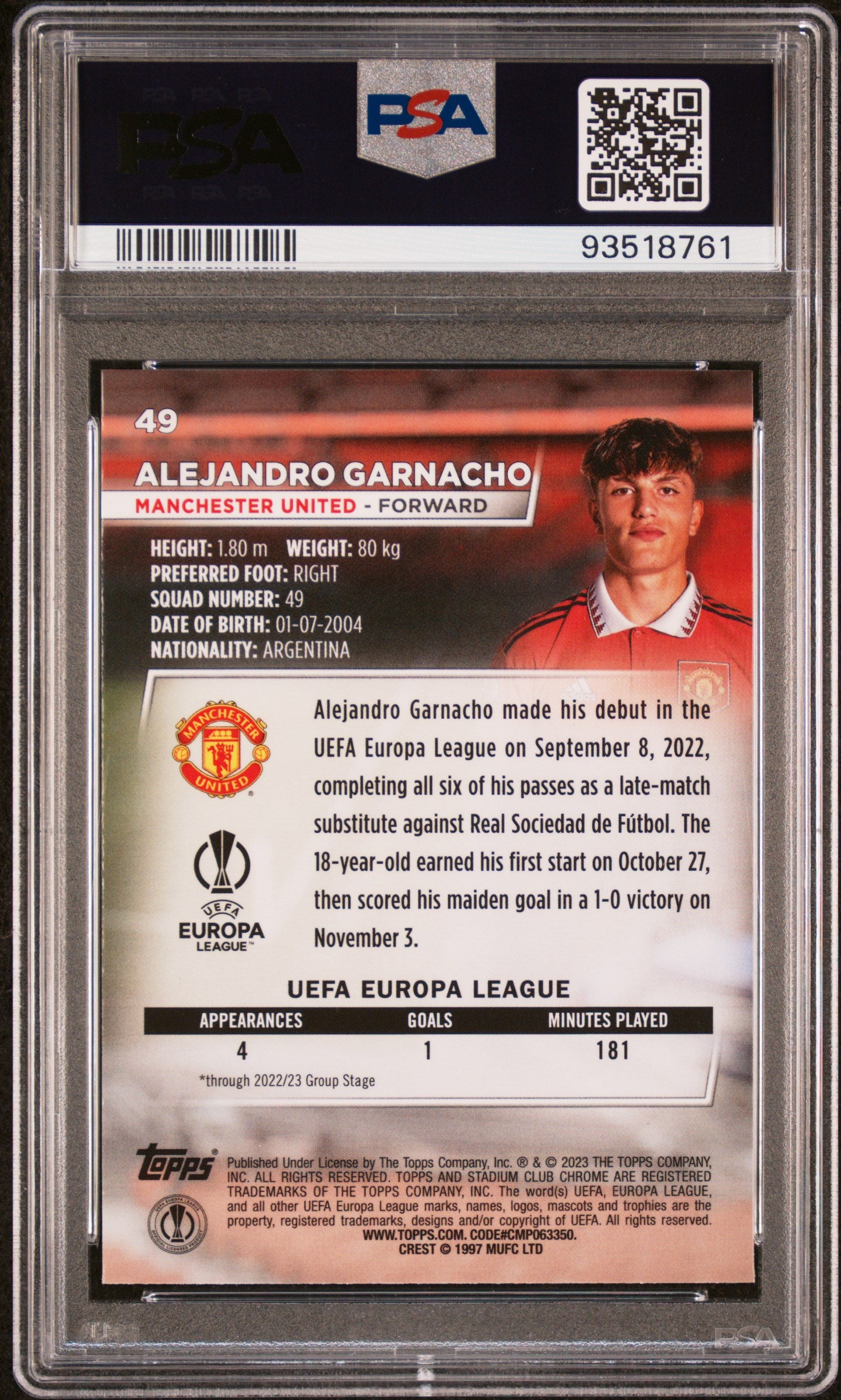 2022-23 Stadium Club Chrome UEFA Club Competitions Alejandro Garnacho #49 PSA 10