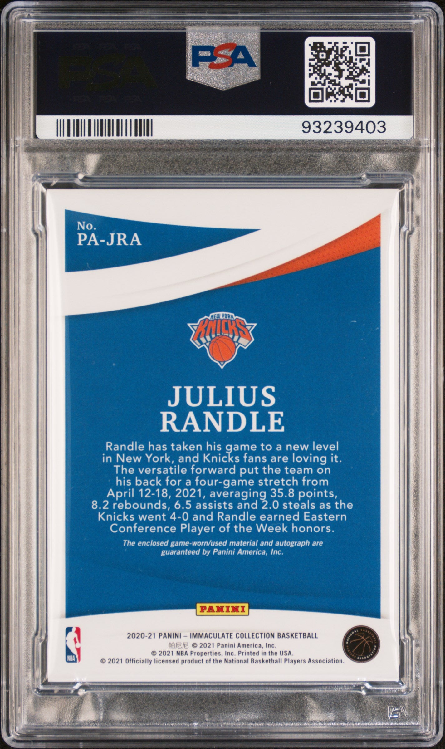2020 Panini Immaculate Julius Randle #JRA Patch Autographs Gold PSA 8
