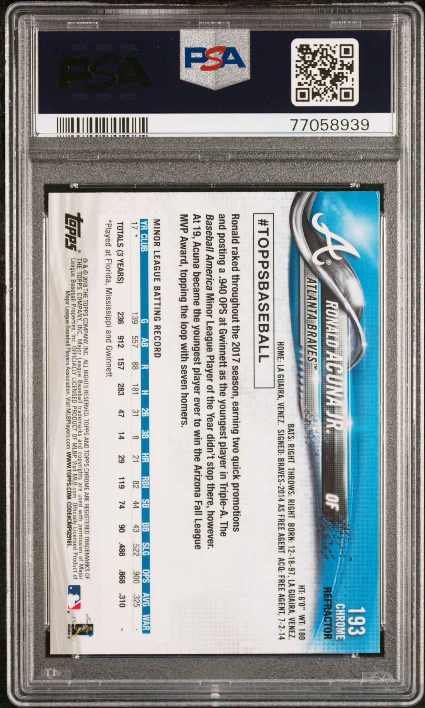 2018 Topps Chrome Ronald Acuna JR. #193 X Fractor PSA 10