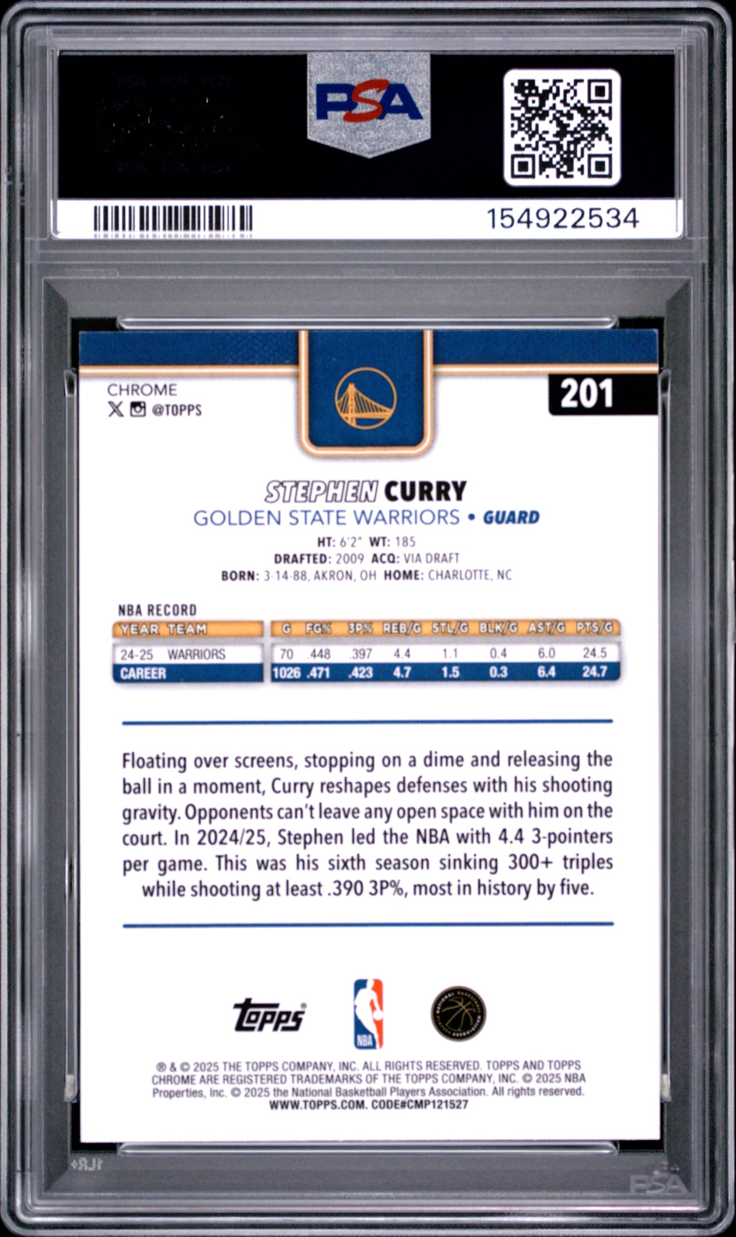 2025 Topps Chrome Stephen Curry #201 Blue Refractor PSA 9