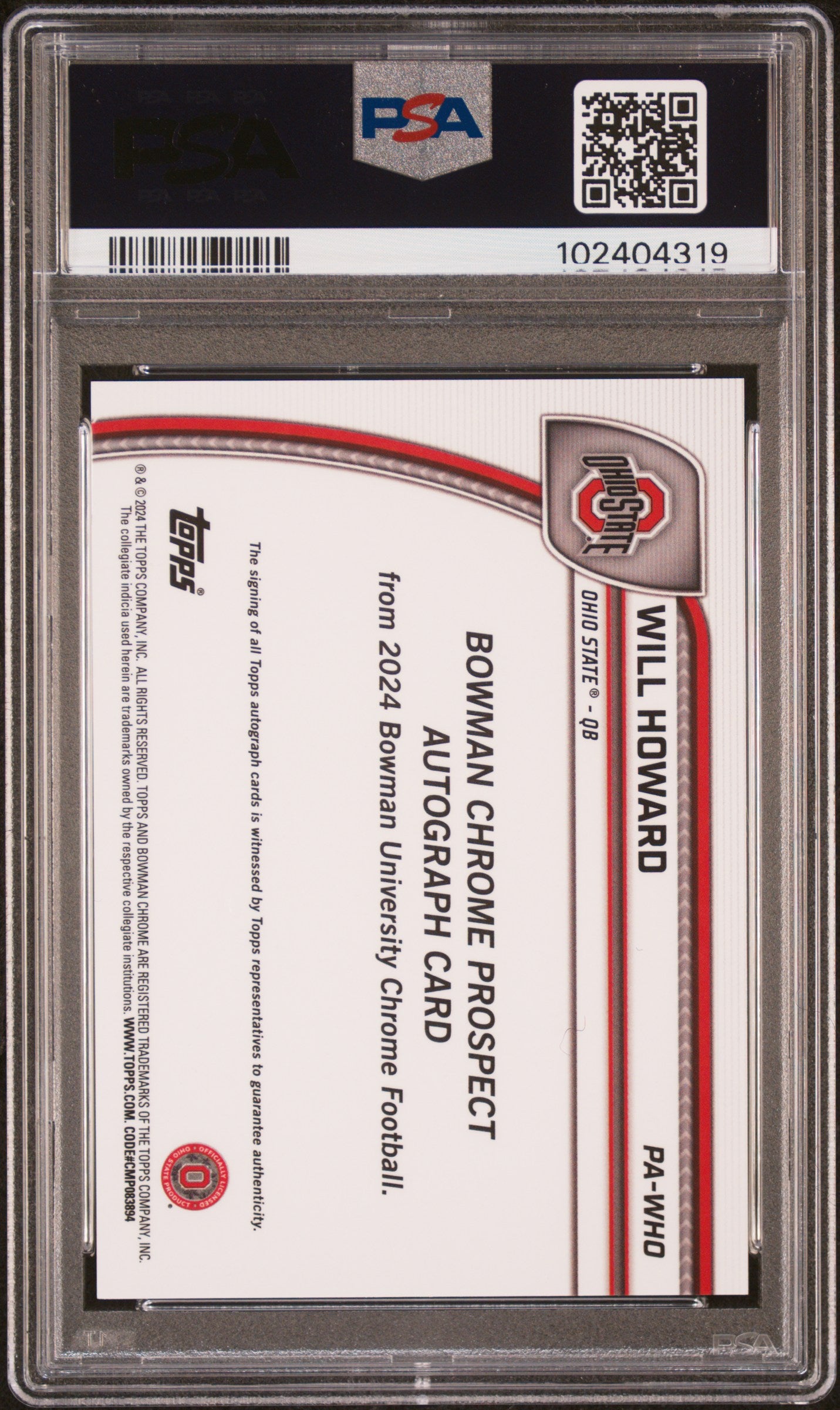 2024 Bowman University Chrome Prospect Autographs Will Howard #PAWHO PSA 10