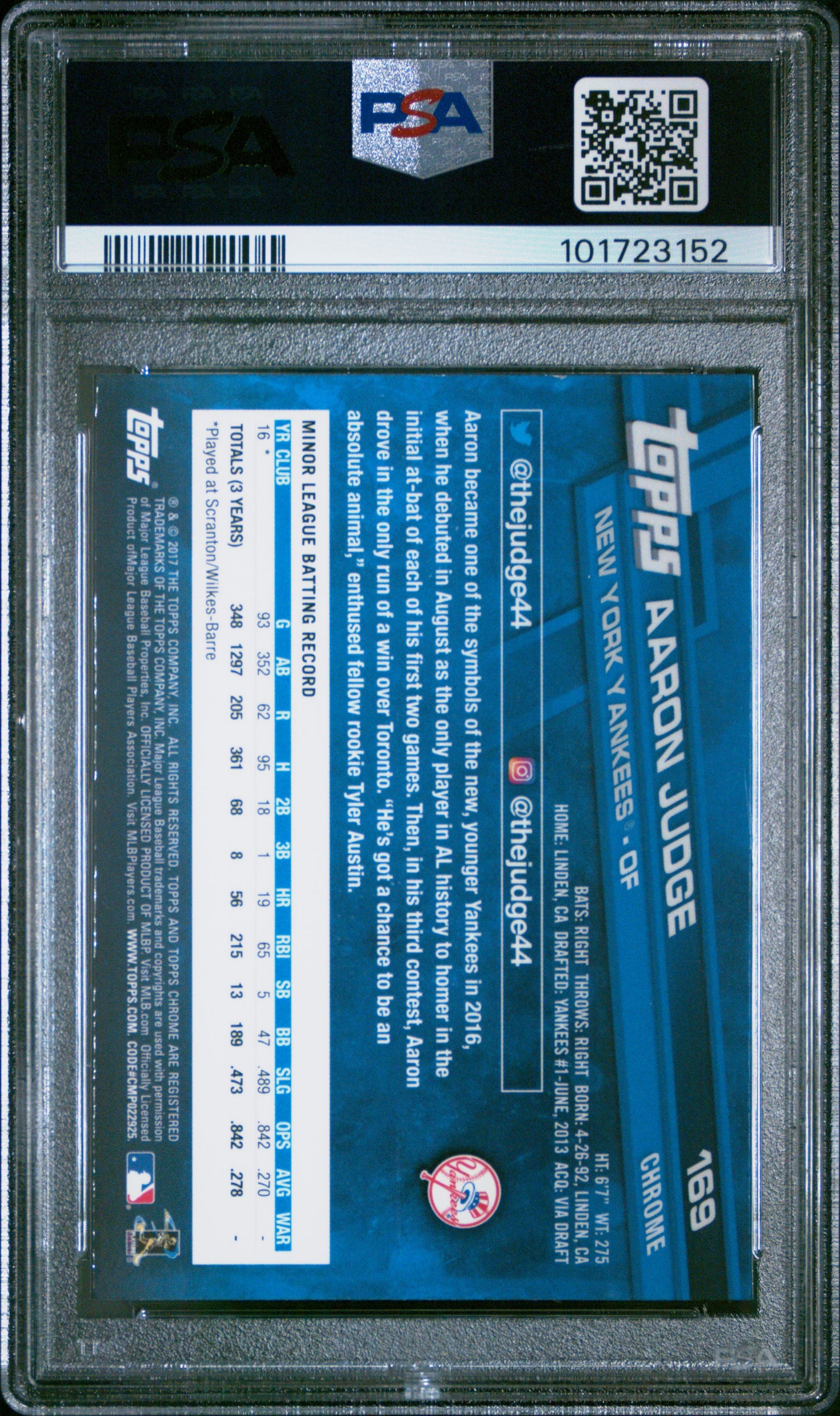 2017 Topps Chrome Aaron Judge #169 PSA 10