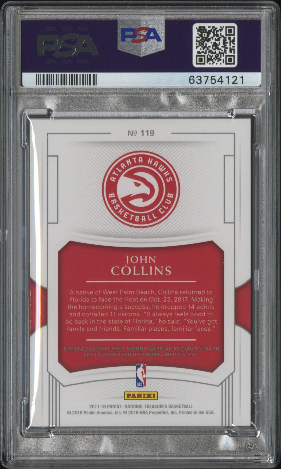 2017 Panini National Treasures John Collins #119 Patch Autograph PSA 9