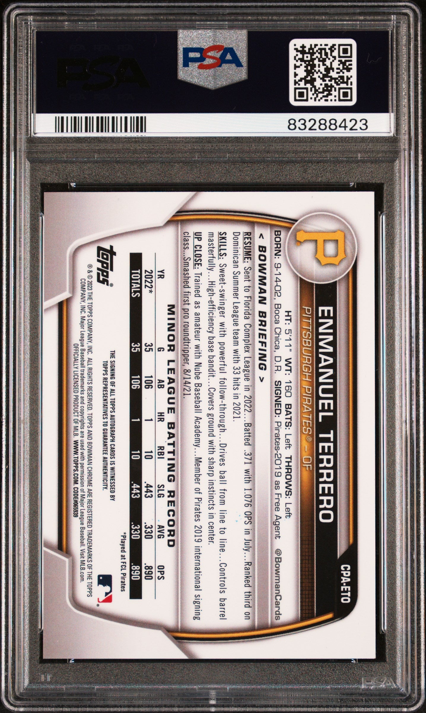 2023 Bowman Chrome Enmanuel Terrero #CPAETO Prospect Autographs Red Wave PSA 10