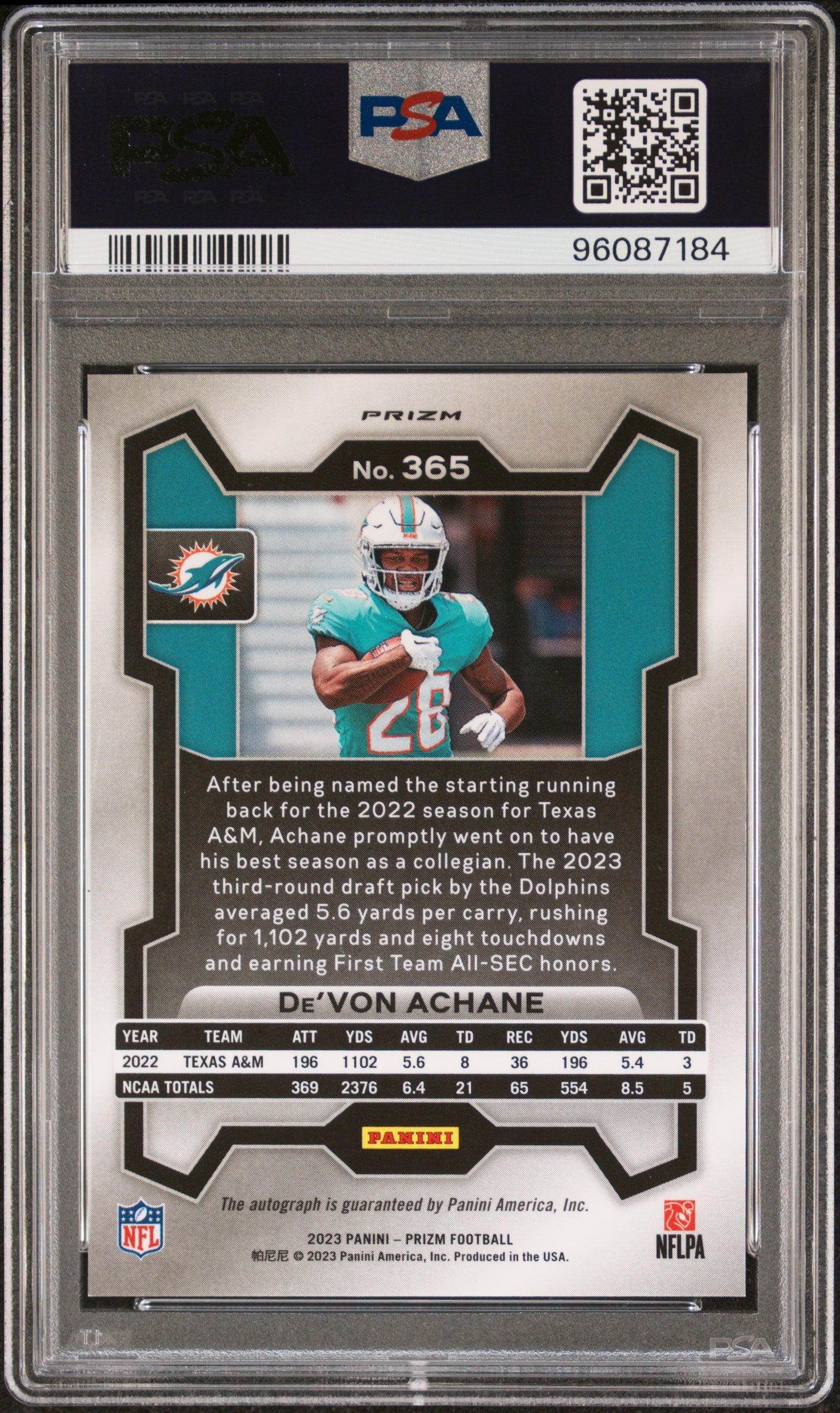 2023 Panini Prizm De'von Achane #365 Autograph PSA 10