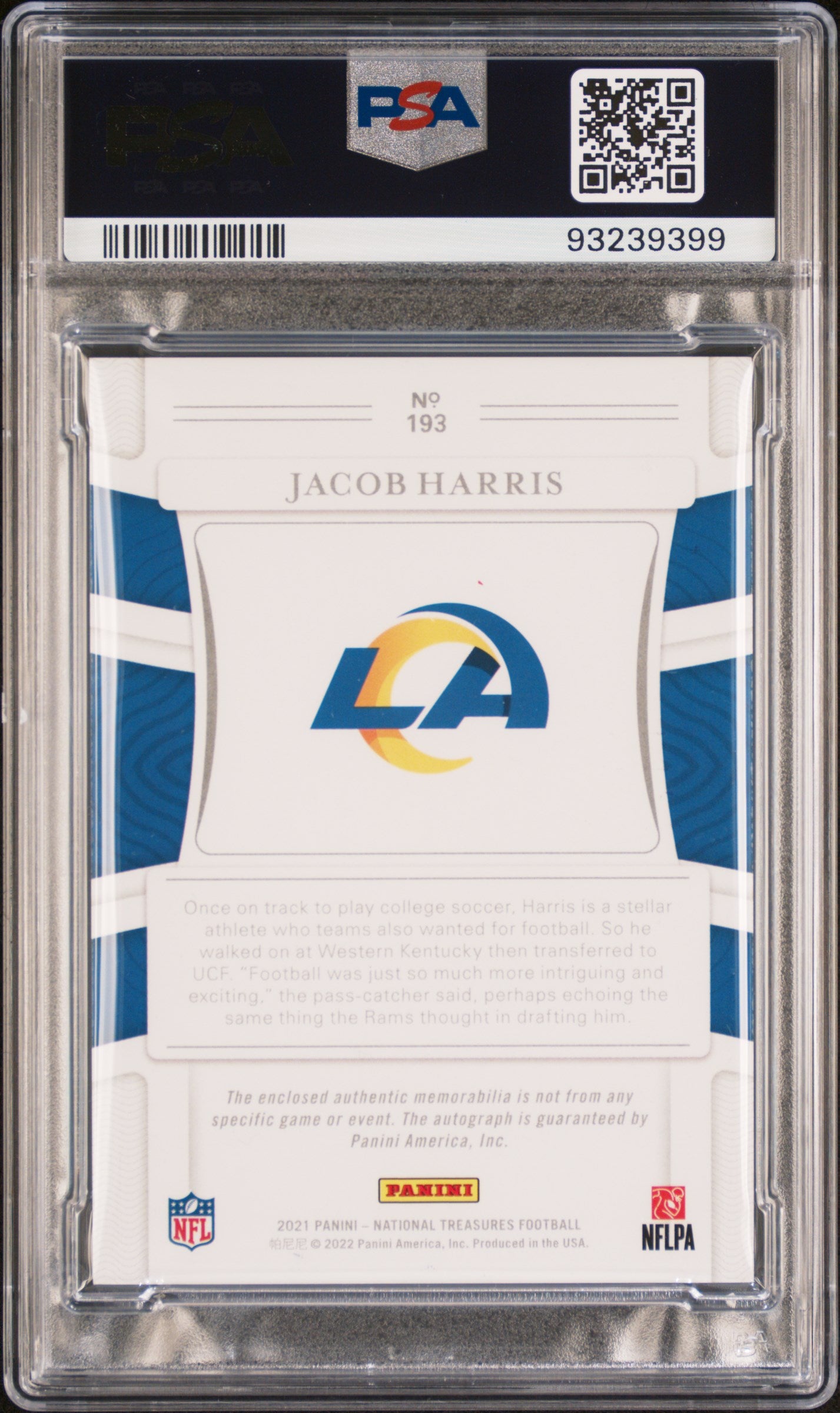 2021 Panini National Treasures Jacob Harris #193 Patch Autograph Purple PSA 8